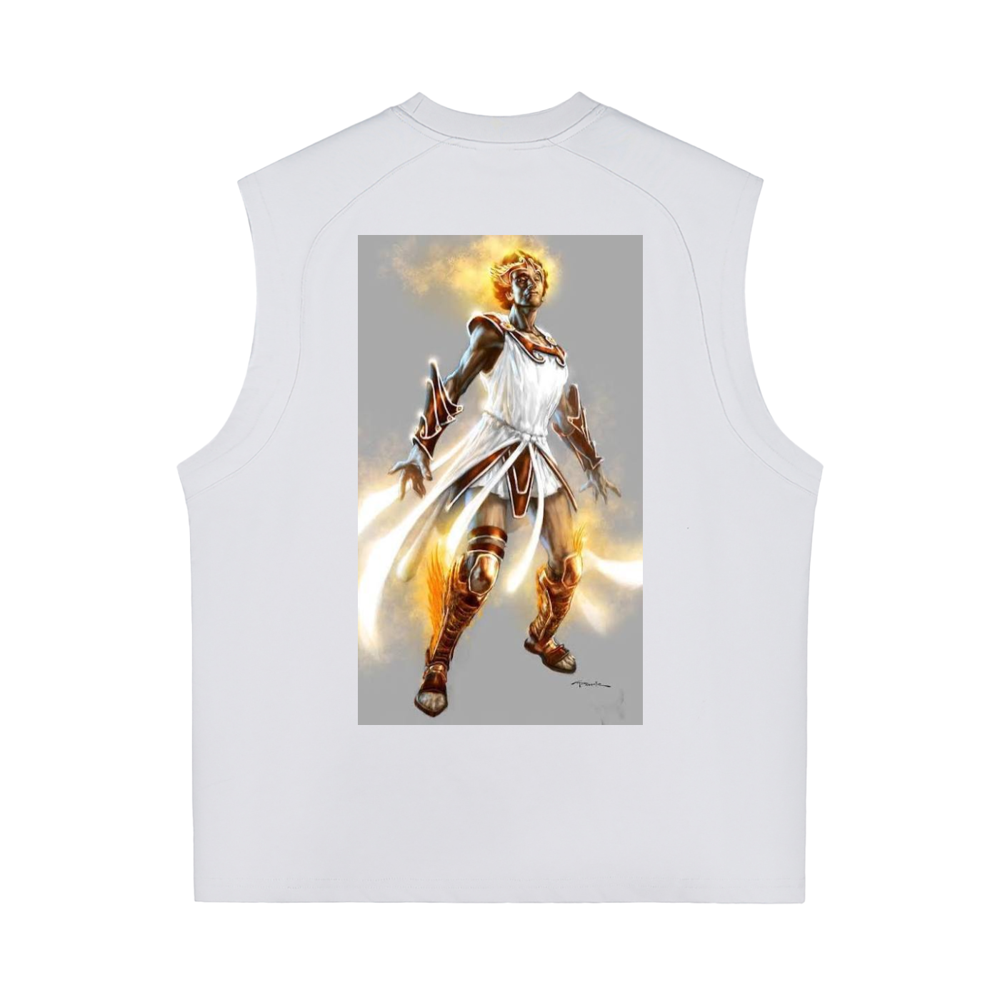 White sleeveless shirt with a graphic of a warrior on the back