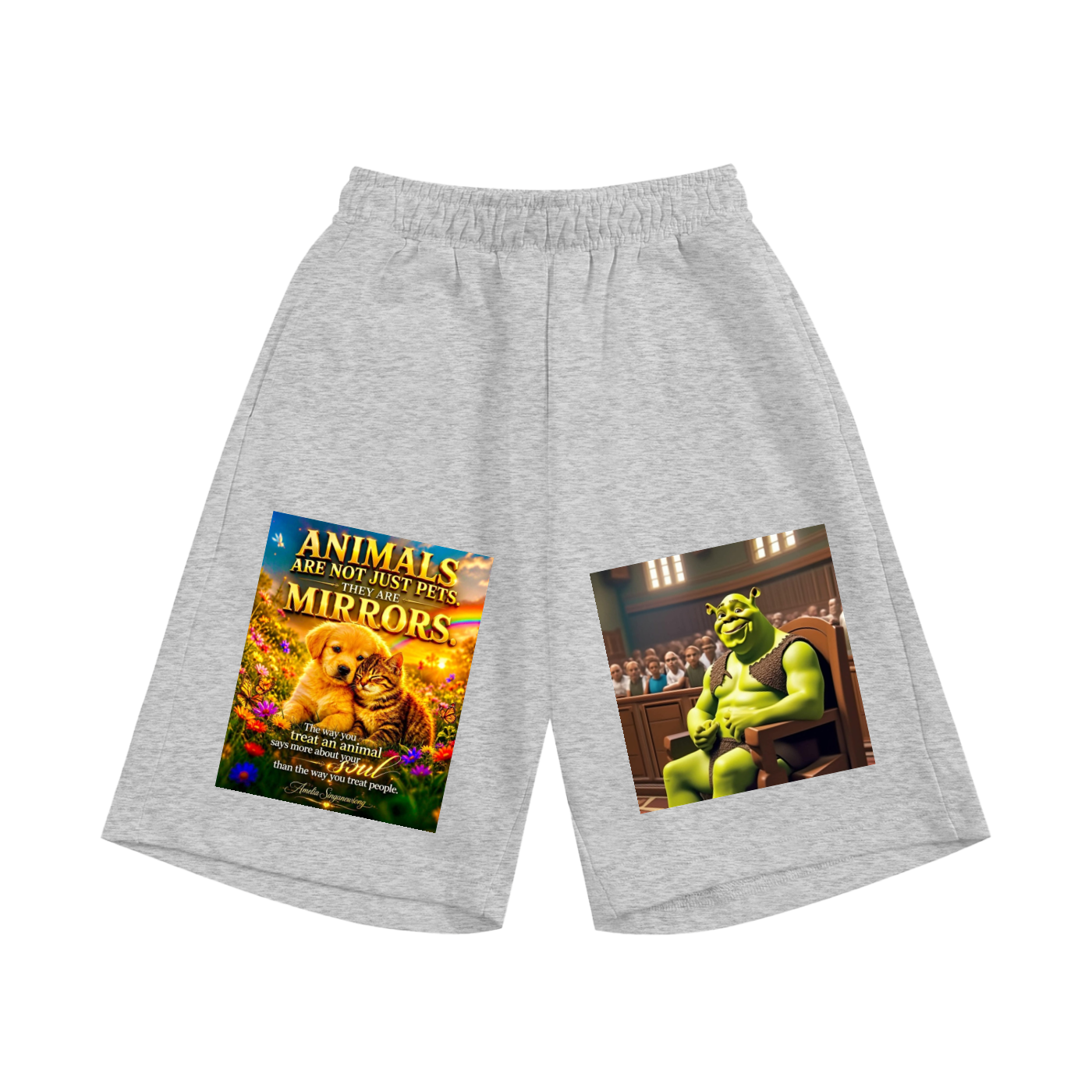 Gray shorts with printed designs of a movie poster and a character from a movie.