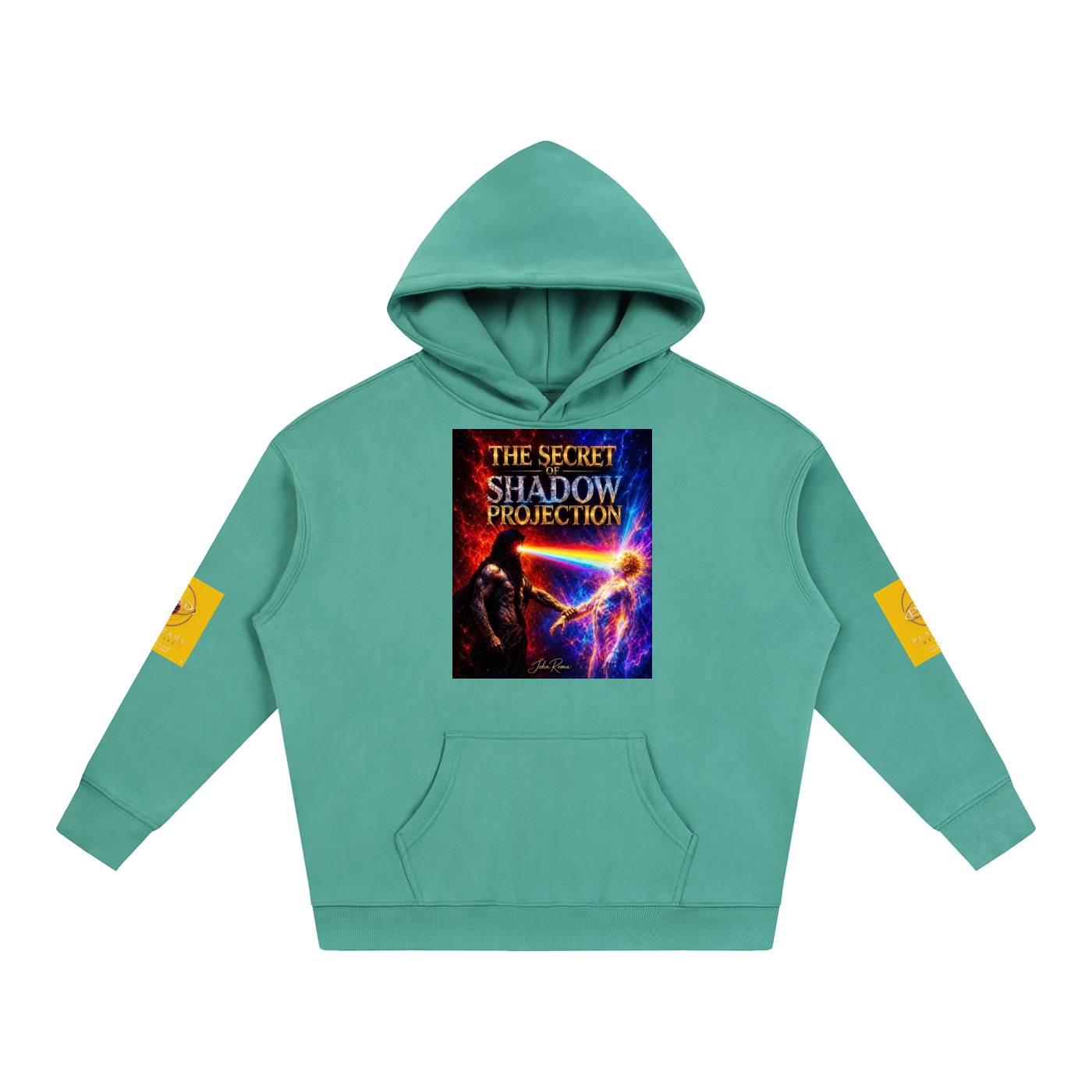A mint green pullover hoodie with a colorful graphic print on the chest reading 'THE SECRET SHADOW PROJECTION' and yellow patches on both sleeves, shown on a plain white background.