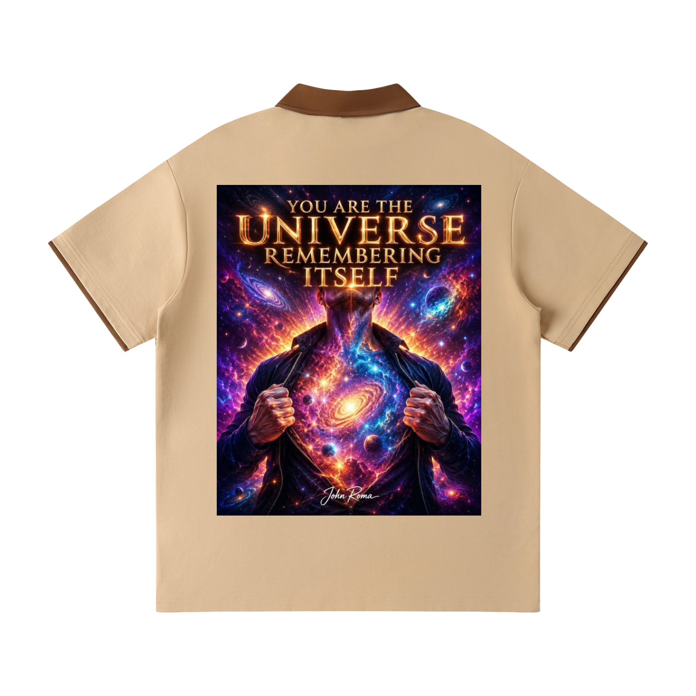 Beige shirt with a graphic of a person holding a galaxy and text 'You are the universe remembering itself' on the back.