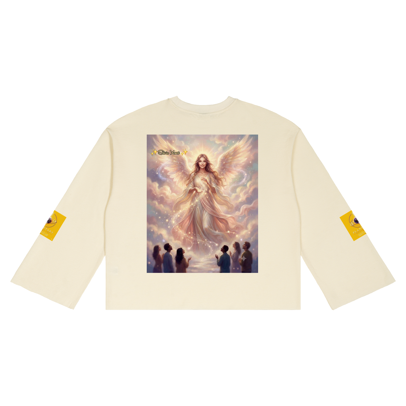 An off-white long-sleeve t-shirt with a large graphic print on the chest depicting a glowing angel with wings and a group of children below. The shirt also features small yellow graphic patches on both sleeves.