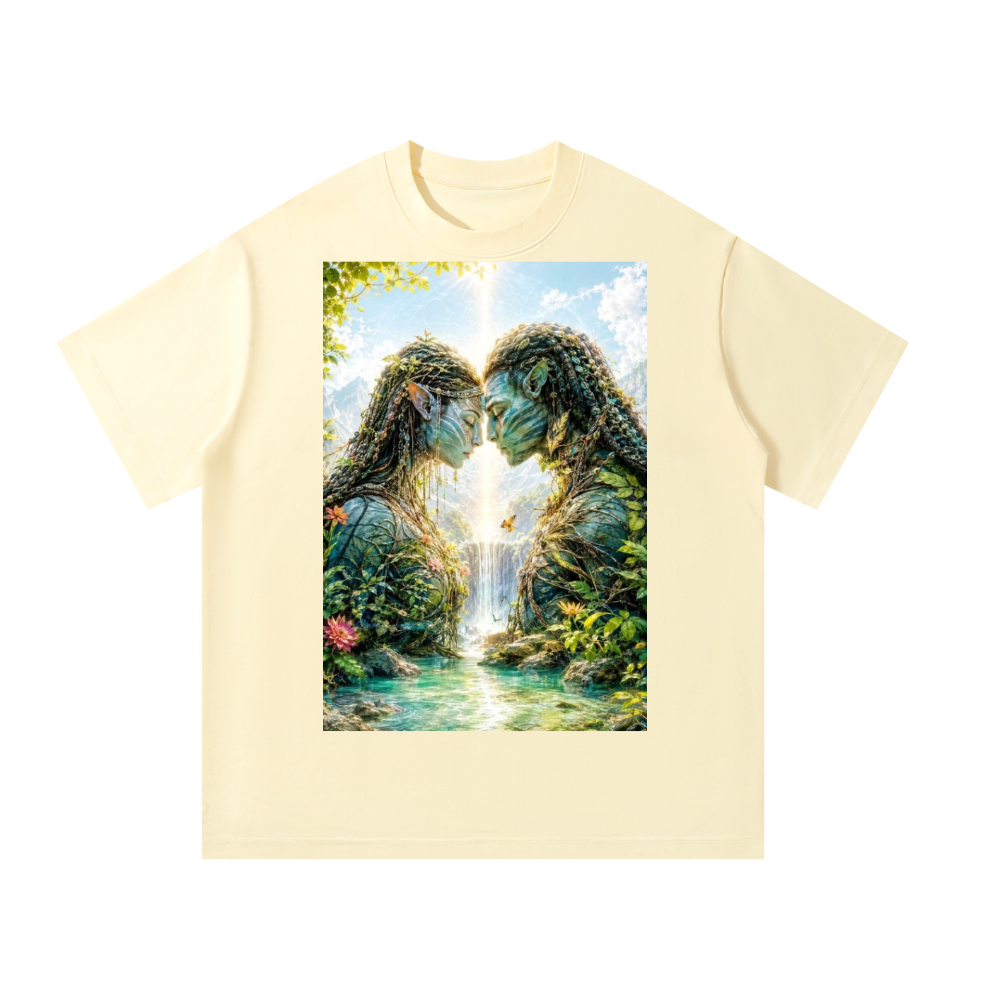 Beige t-shirt with a graphic of a waterfall and nature scene on a white background