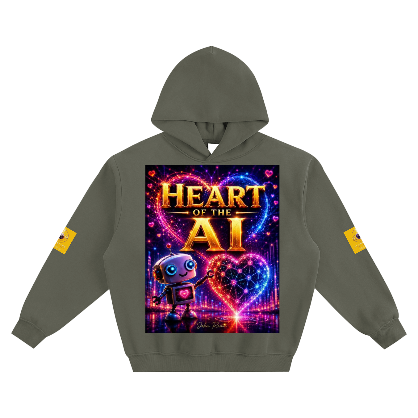 An olive green pullover hoodie with a large, vibrant graphic on the chest reading 'HEART OF THE AI' in glowing gold and pink text, accompanied by a cute cartoon robot and a neon heart. It features small yellow graphic patches on both sleeves, shown against a plain white background.