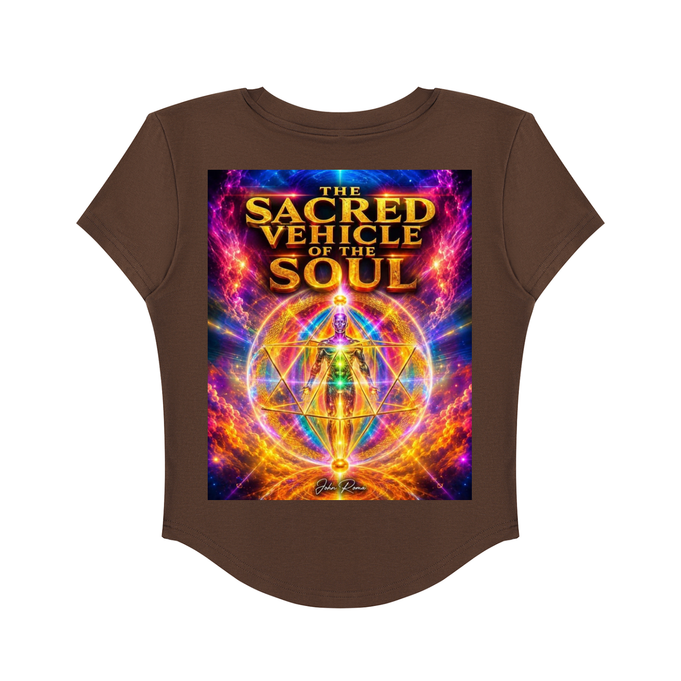 Brown t-shirt with 'The Sacred Vehicle of the Soul' graphic design on a white background