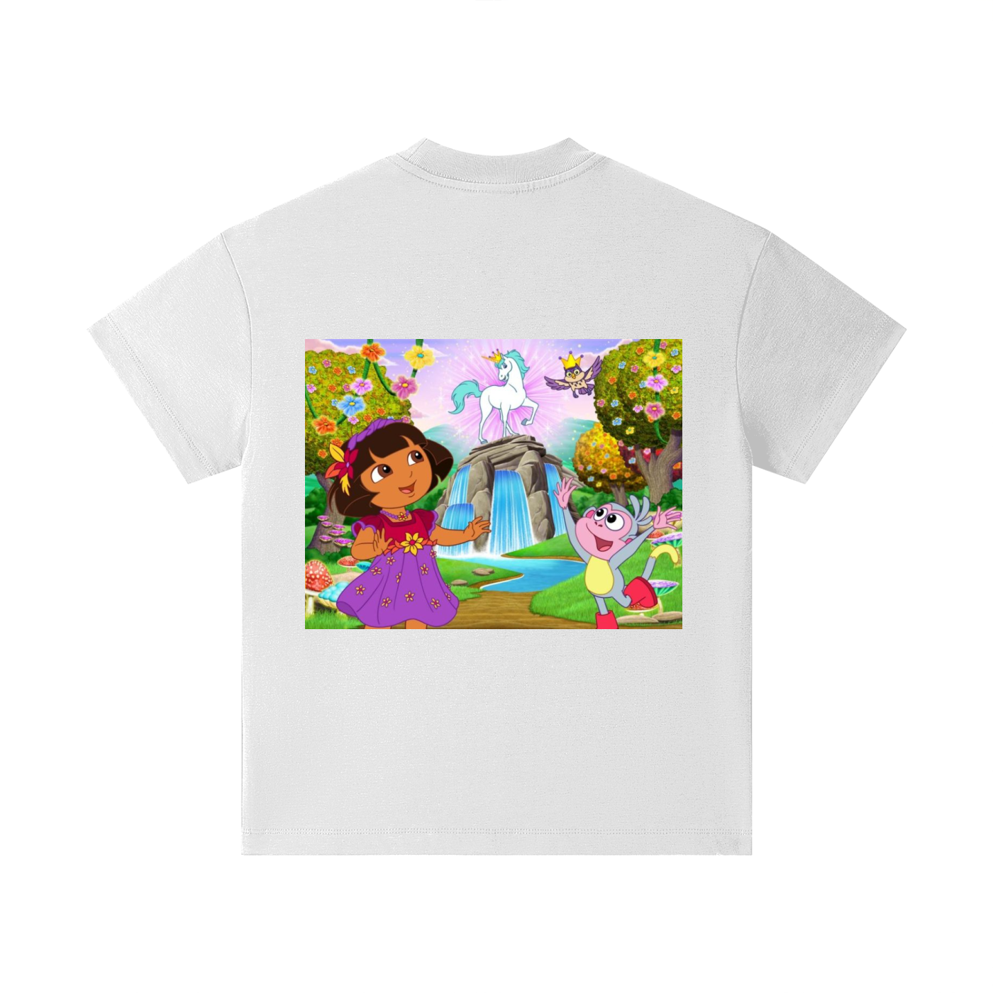 White t-shirt with Dora the Explorer and Boots in a cartoon scene printed on it.