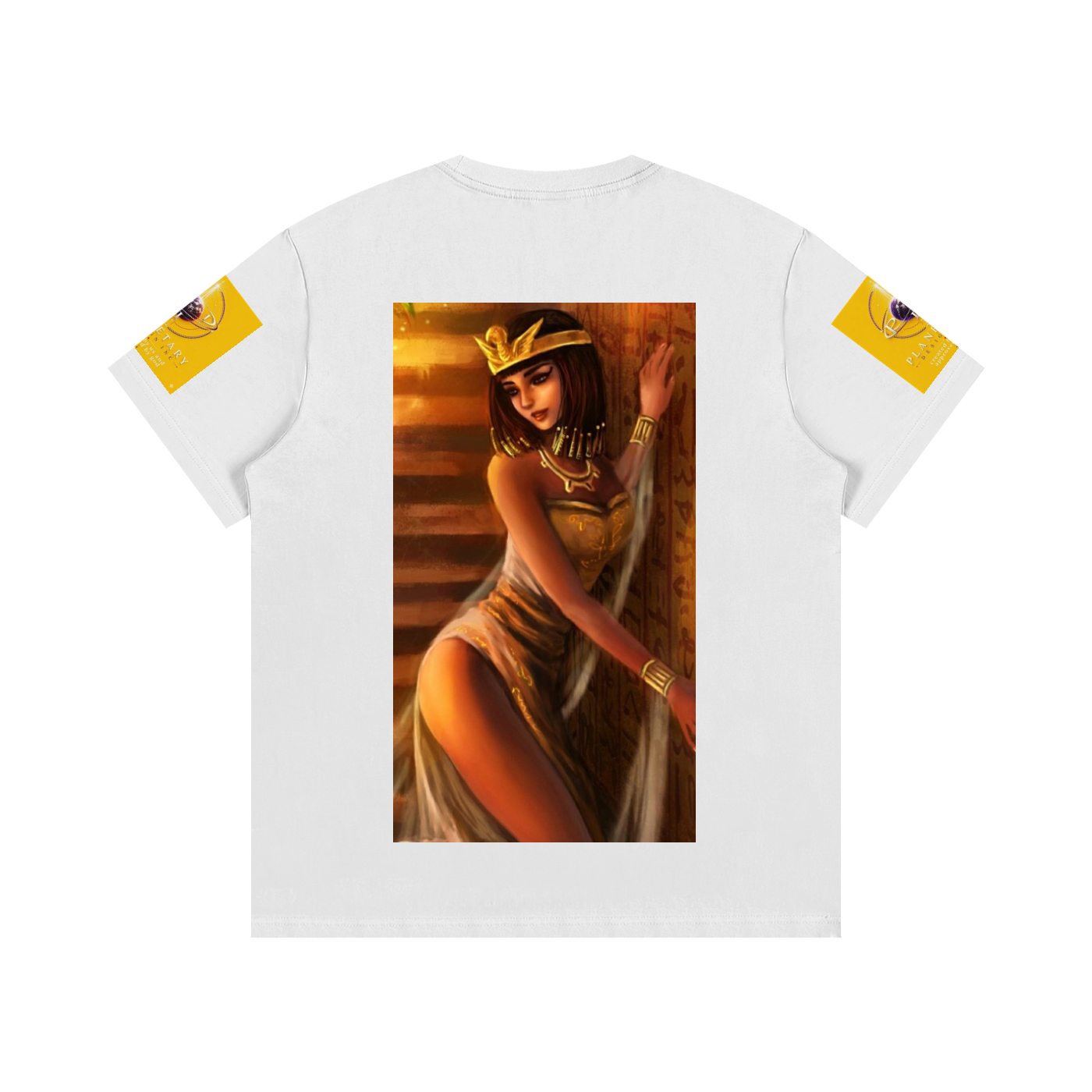 White t-shirt with an Egyptian-themed design on a white background