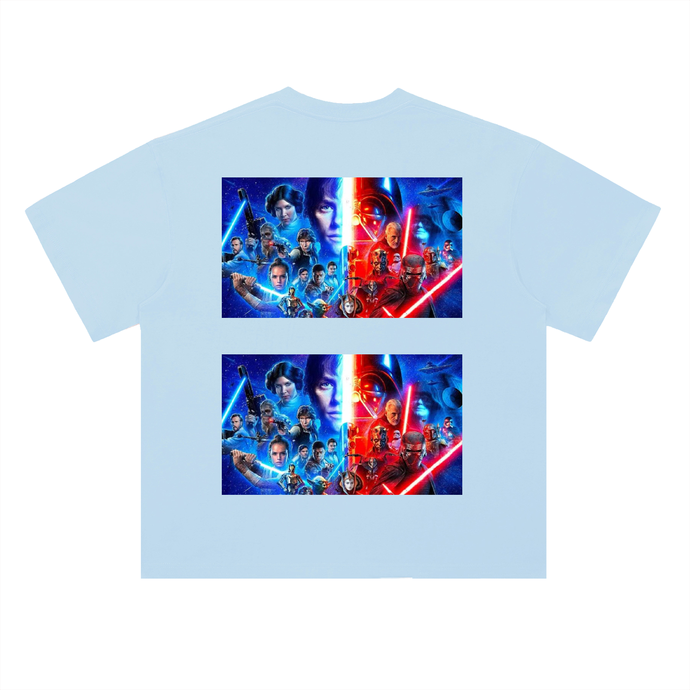 Light blue t-shirt with Star Wars-themed collage design on a white background