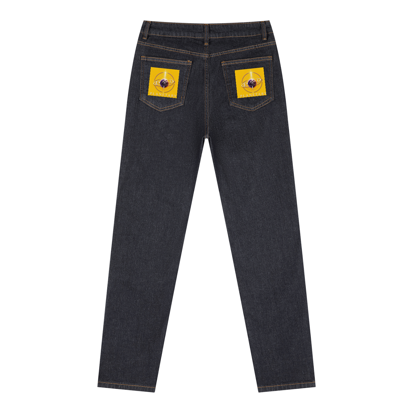 Black jeans with yellow patches on the back pockets against a white background