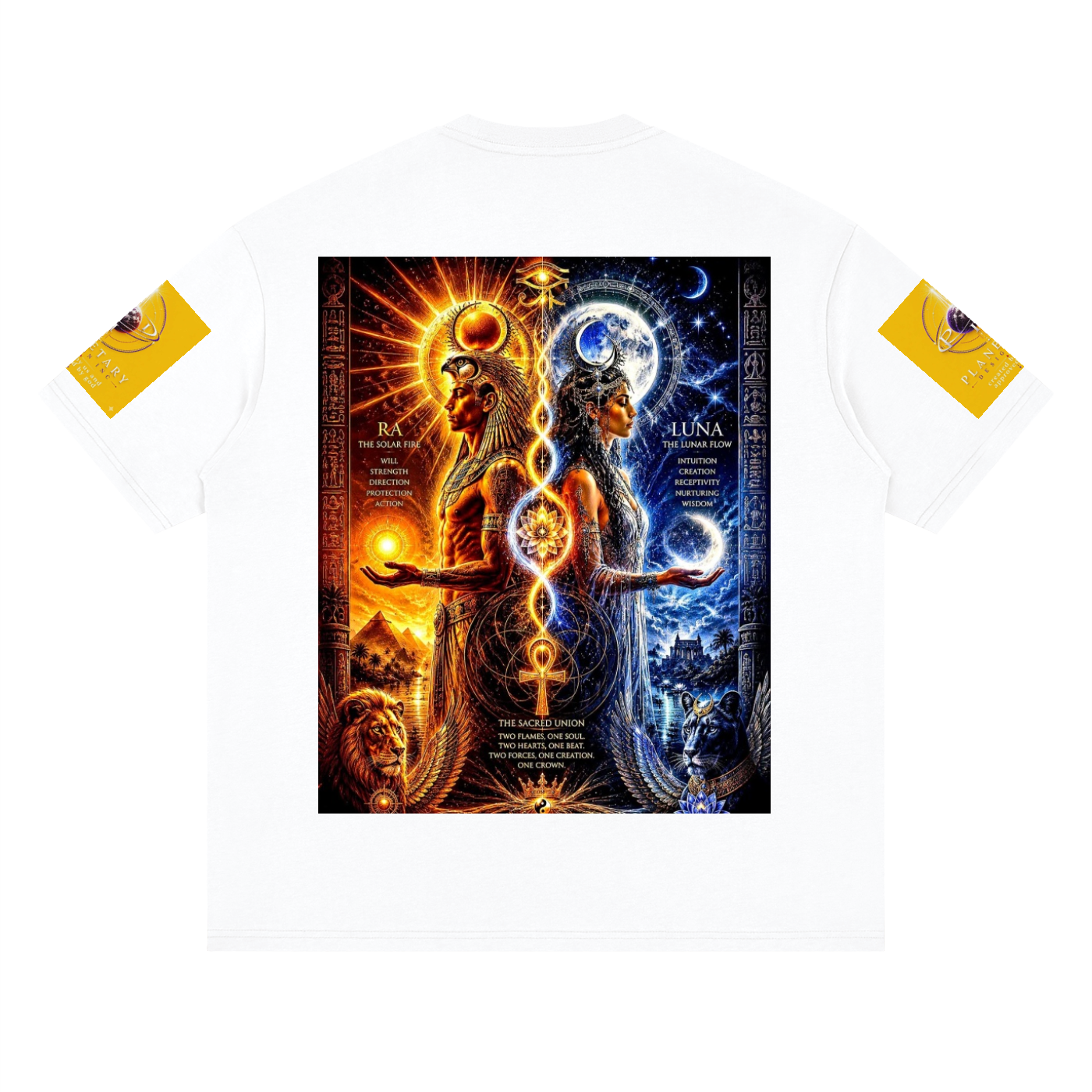 Poster with two figures, one male and one female, surrounded by celestial symbols on a white background.