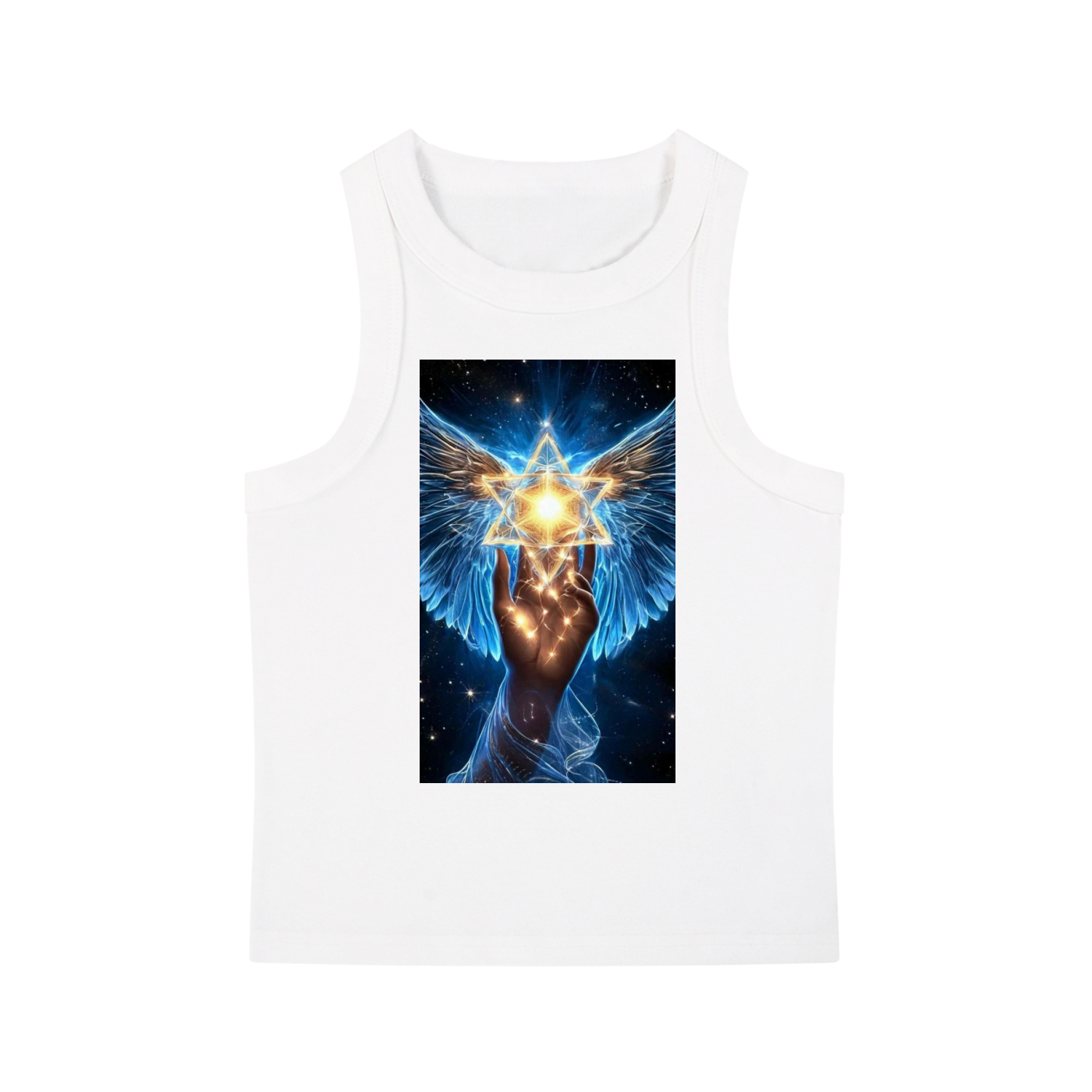 A white sleeveless tank top featuring a large graphic print on the front of a glowing golden Star of David held by a winged angel with blue feathers against a starry dark blue background.