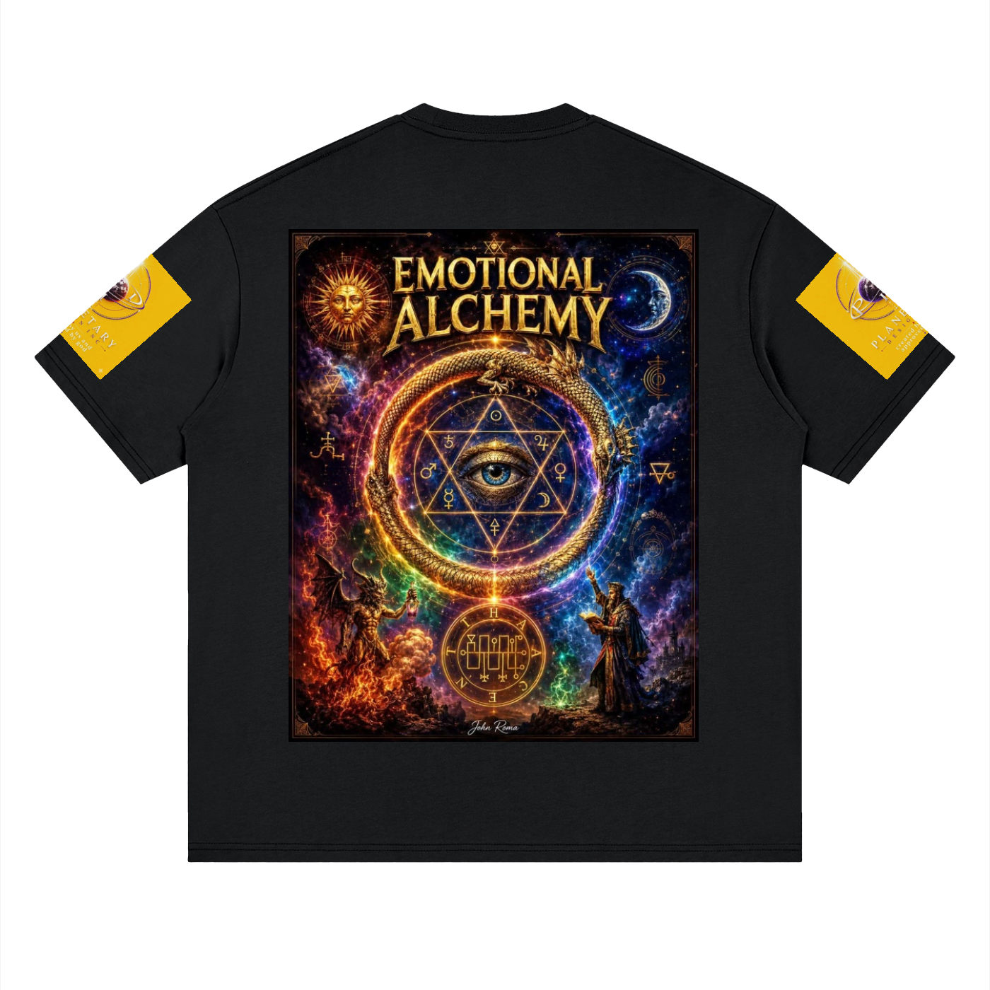 Black t-shirt with 'Emotional Alchemy' graphic design on a white background