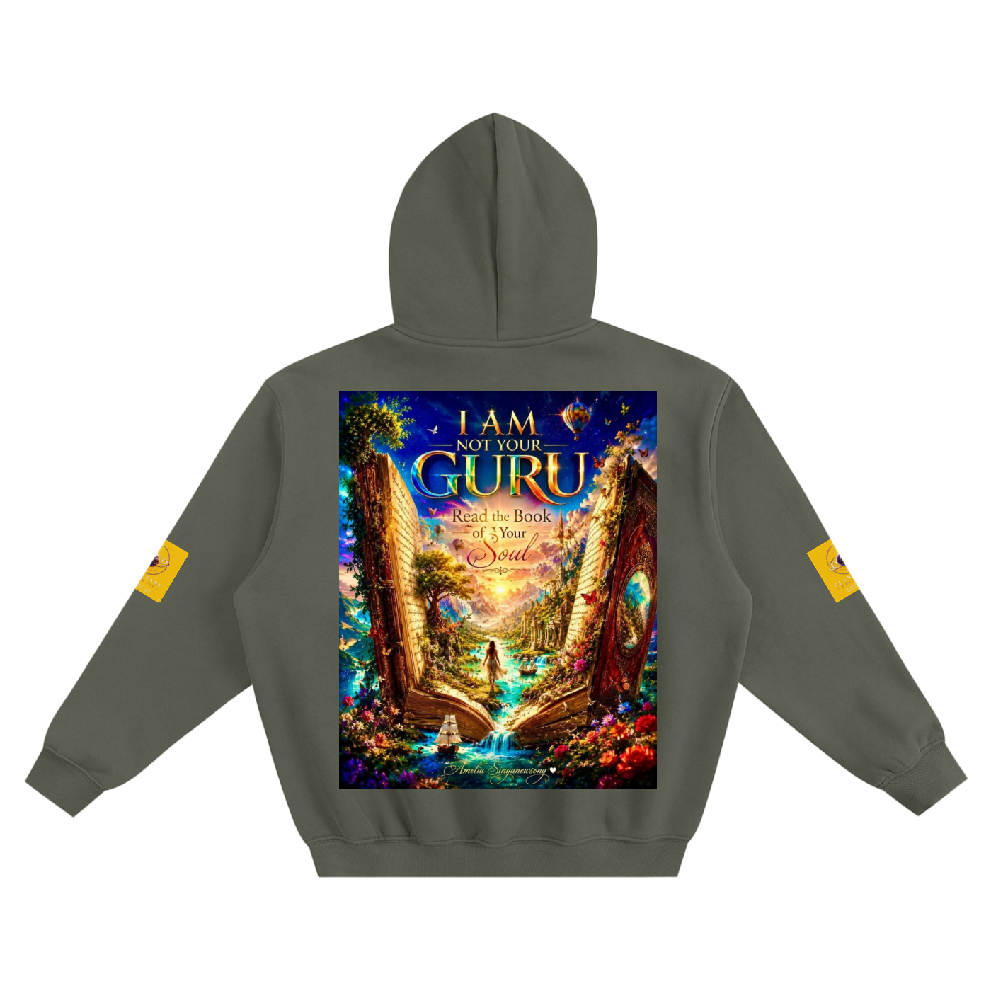 Green hoodie with a colorful graphic on the back featuring text and artistic design.