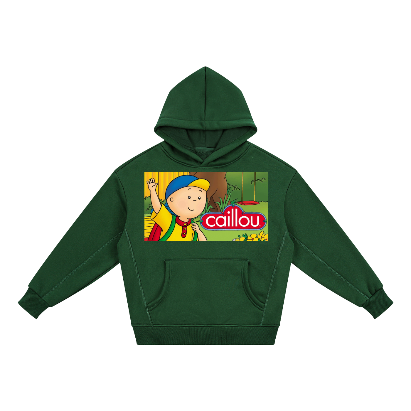 Green hoodie with a cartoon character and 'caillou' logo on a white background