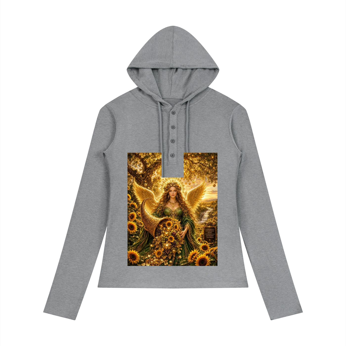 A heather gray long-sleeve hoodie with a drawstring hood and a buttoned henley-style neckline, featuring a large rectangular graphic print on the front depicting an angel surrounded by sunflowers in warm golden and green tones.