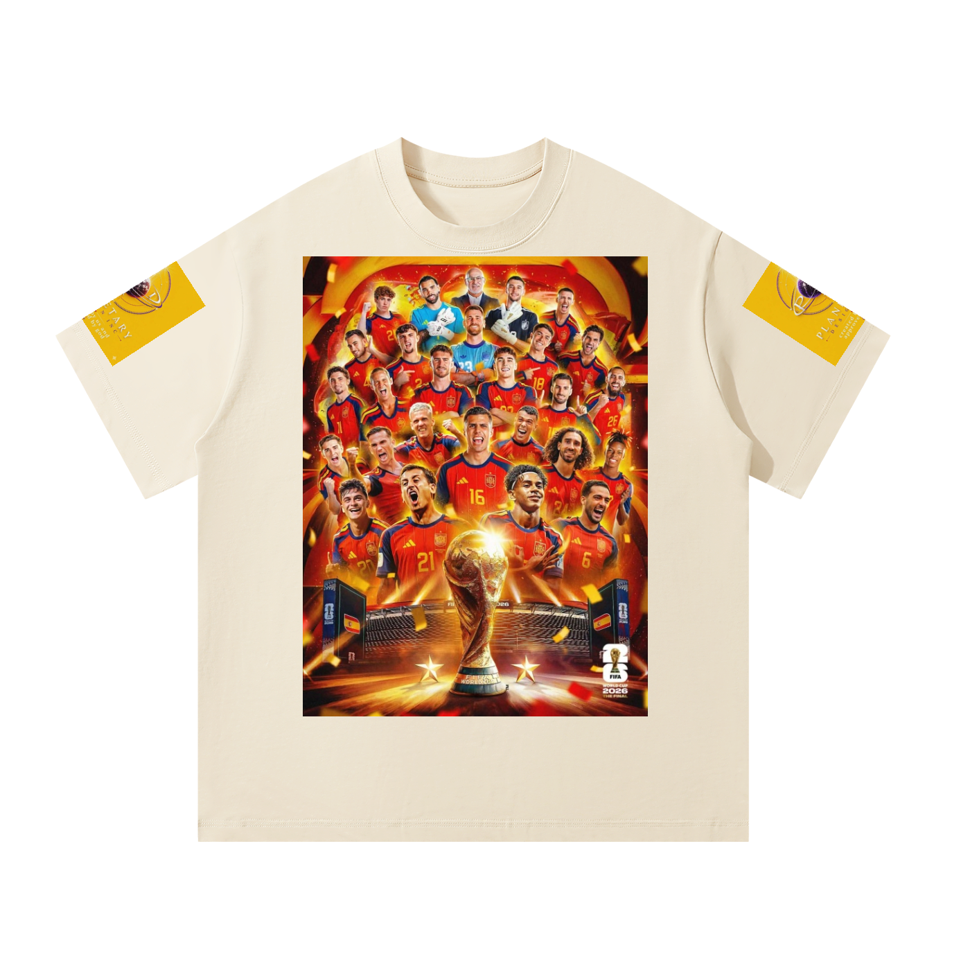 An off-white short-sleeve t-shirt featuring a large, vibrant graphic print of the 2022 FIFA World Cup Qatar winners on the front, with yellow sleeve patches on both sides.