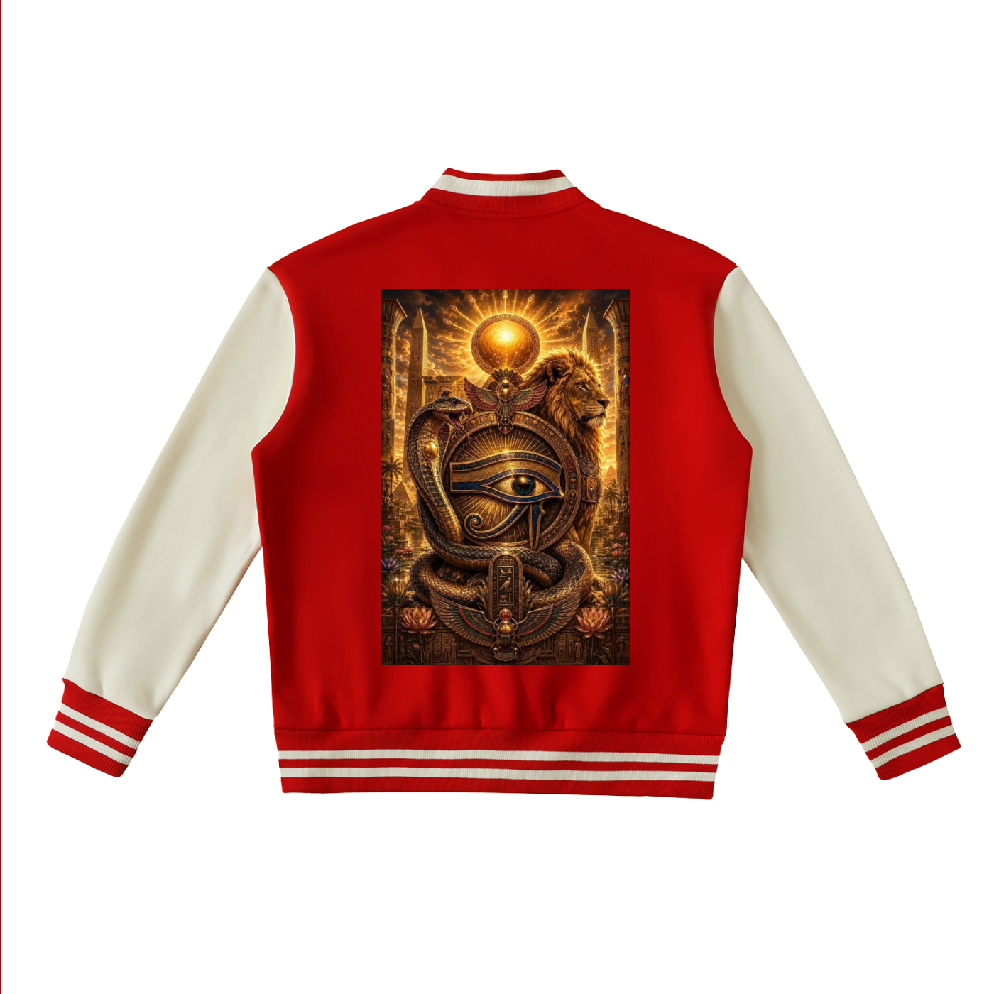 A red and cream varsity-style jacket shown from the back, featuring a large graphic print of a golden eye of Horus surrounded by a cobra and lotus on the back panel.