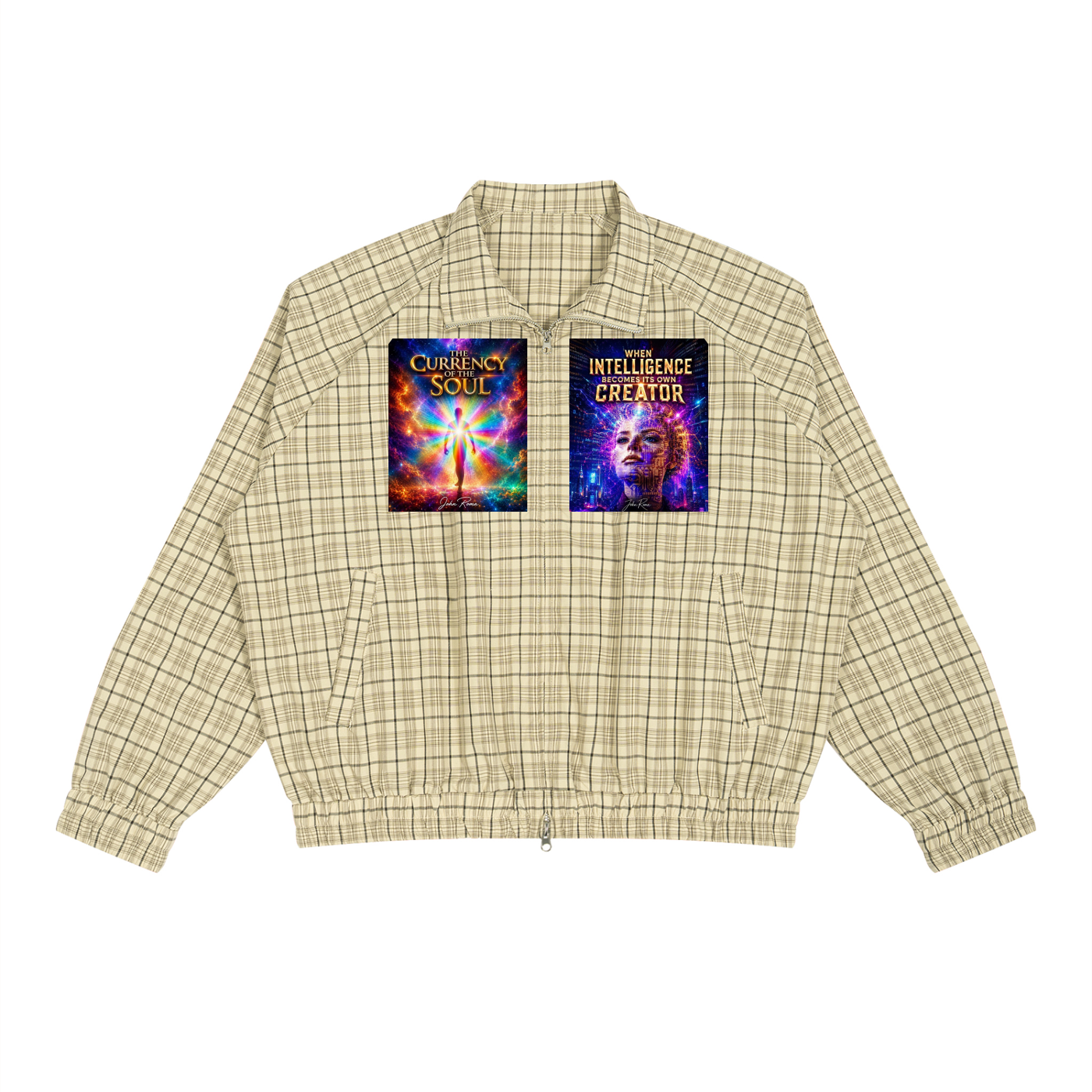 A beige and brown plaid zip-up jacket with two colorful graphic patches on the chest, displayed flat against a solid white background.