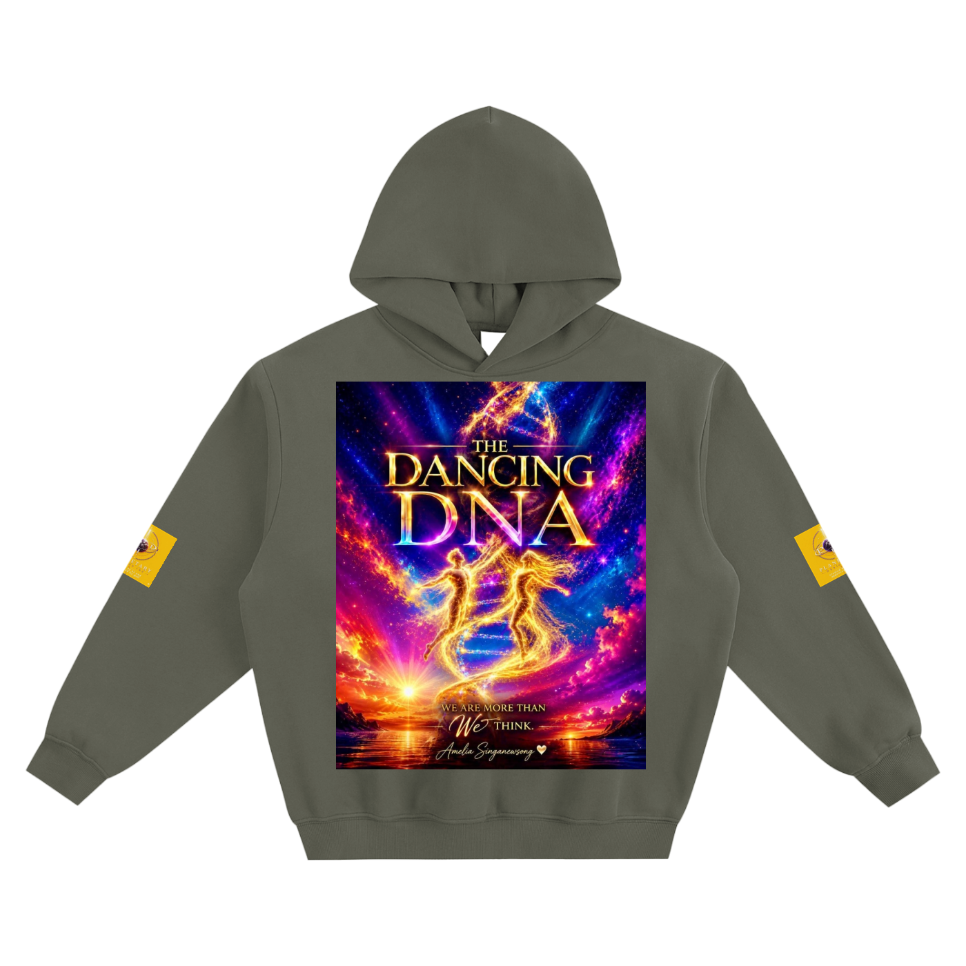 Gray hoodie with 'The Dancing DNA' graphic design on a white background