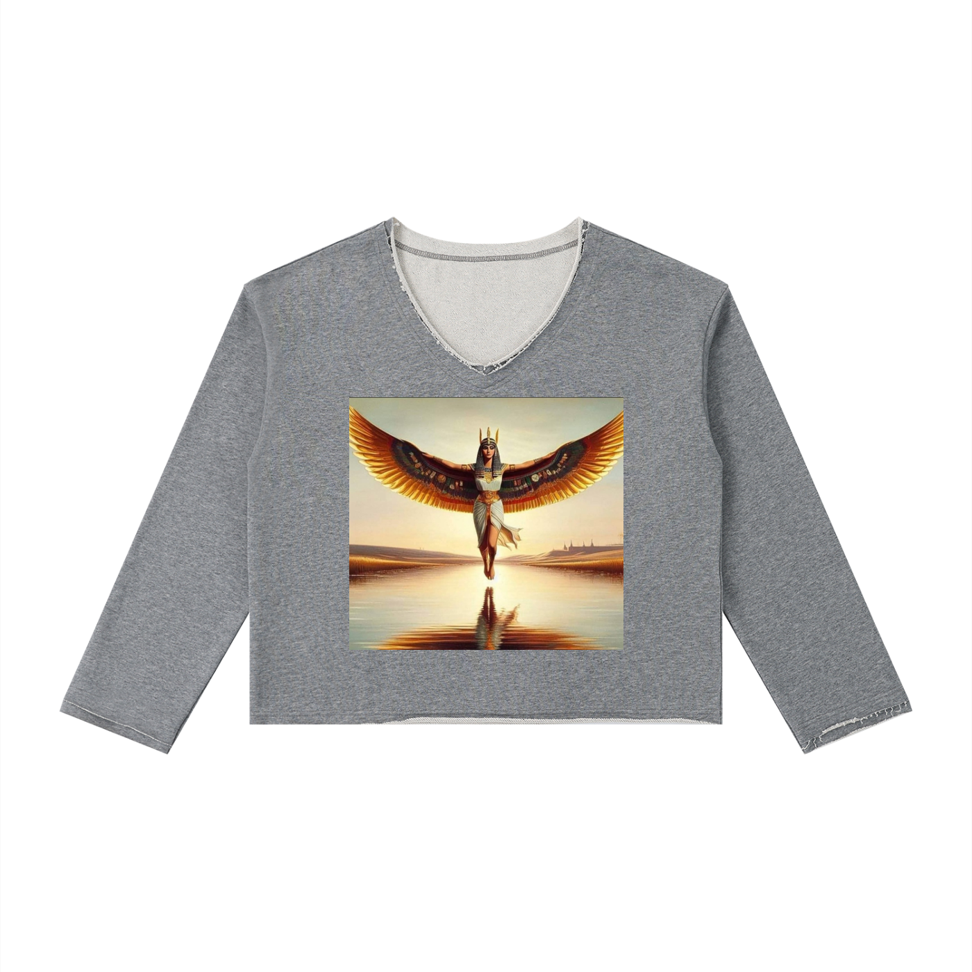 A women's long-sleeve crop top in heather gray, fitted front view