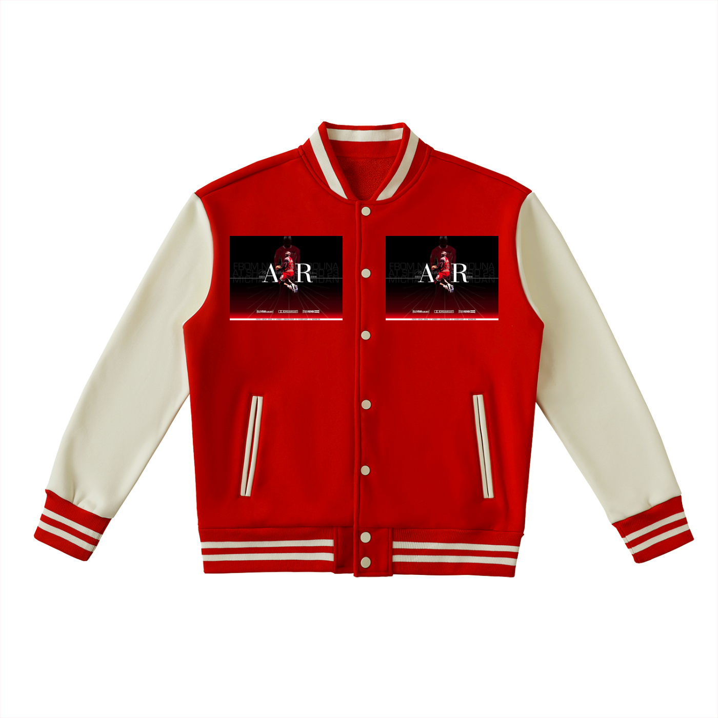 Red and white varsity jacket with black panels featuring 'AR' logo on a white background