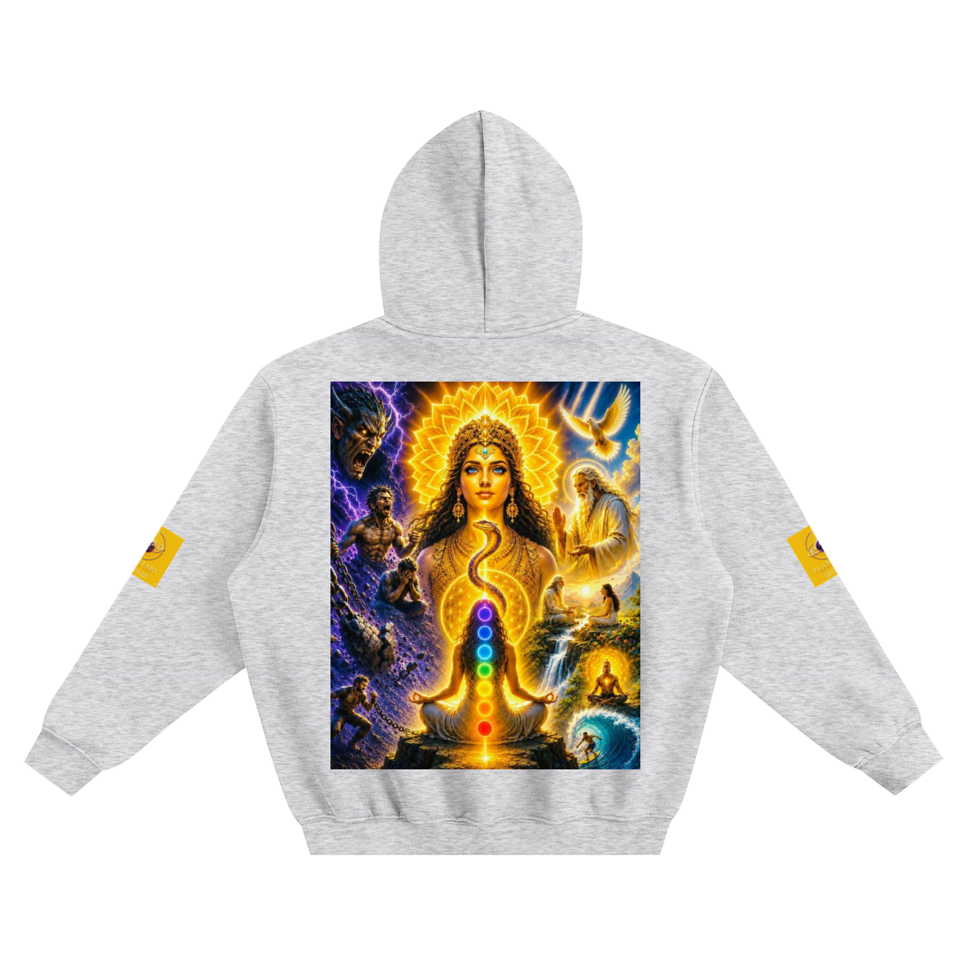 A light heather gray hoodie shown from the back, featuring a large, vibrant, multicolored spiritual graphic print of a chakra deity on the back.