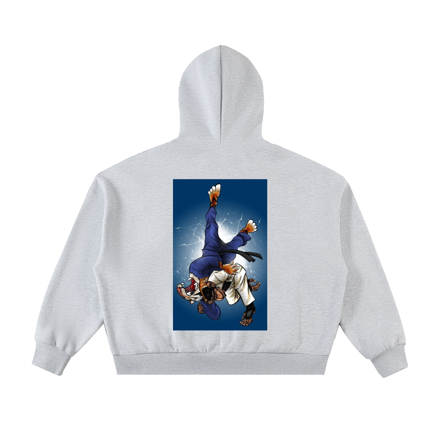 Gray hoodie with a graphic of two martial artists on the back against a white background