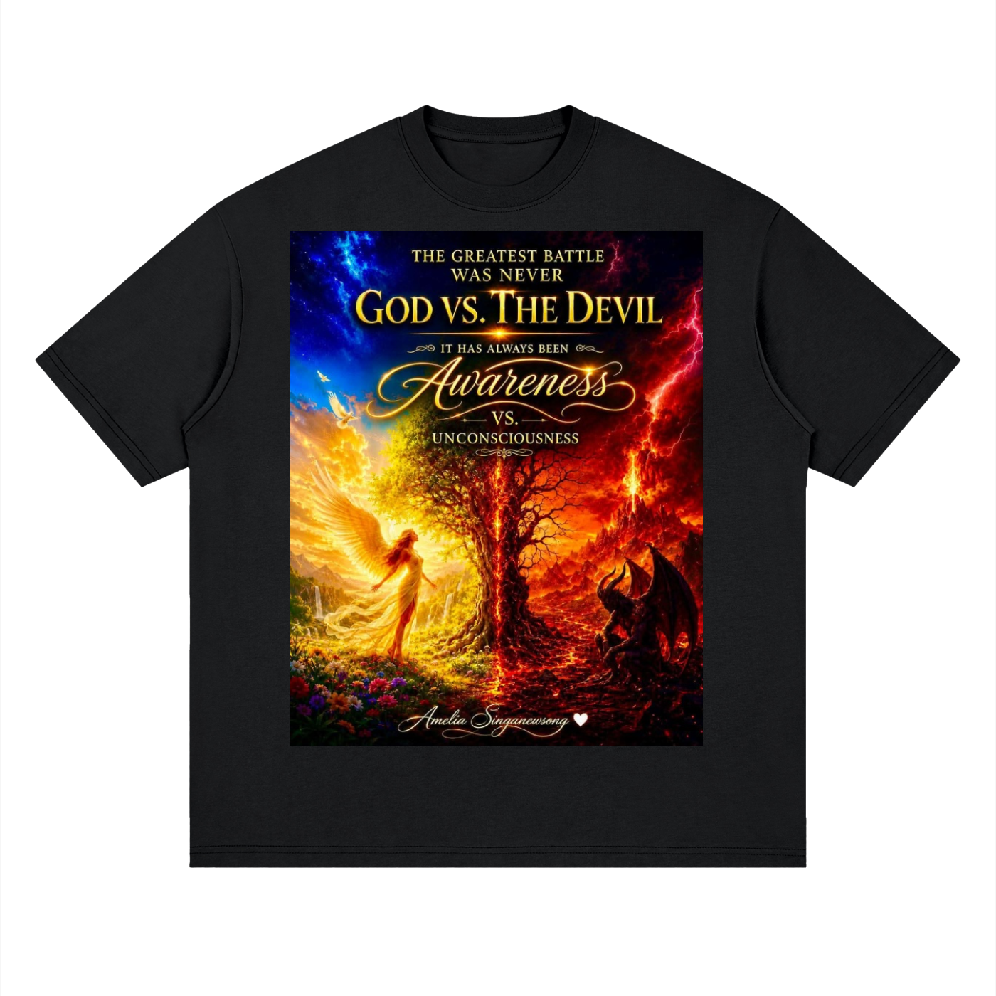 Black t-shirt with a graphic design featuring a fairy, tree, and dragon with text on a white background.