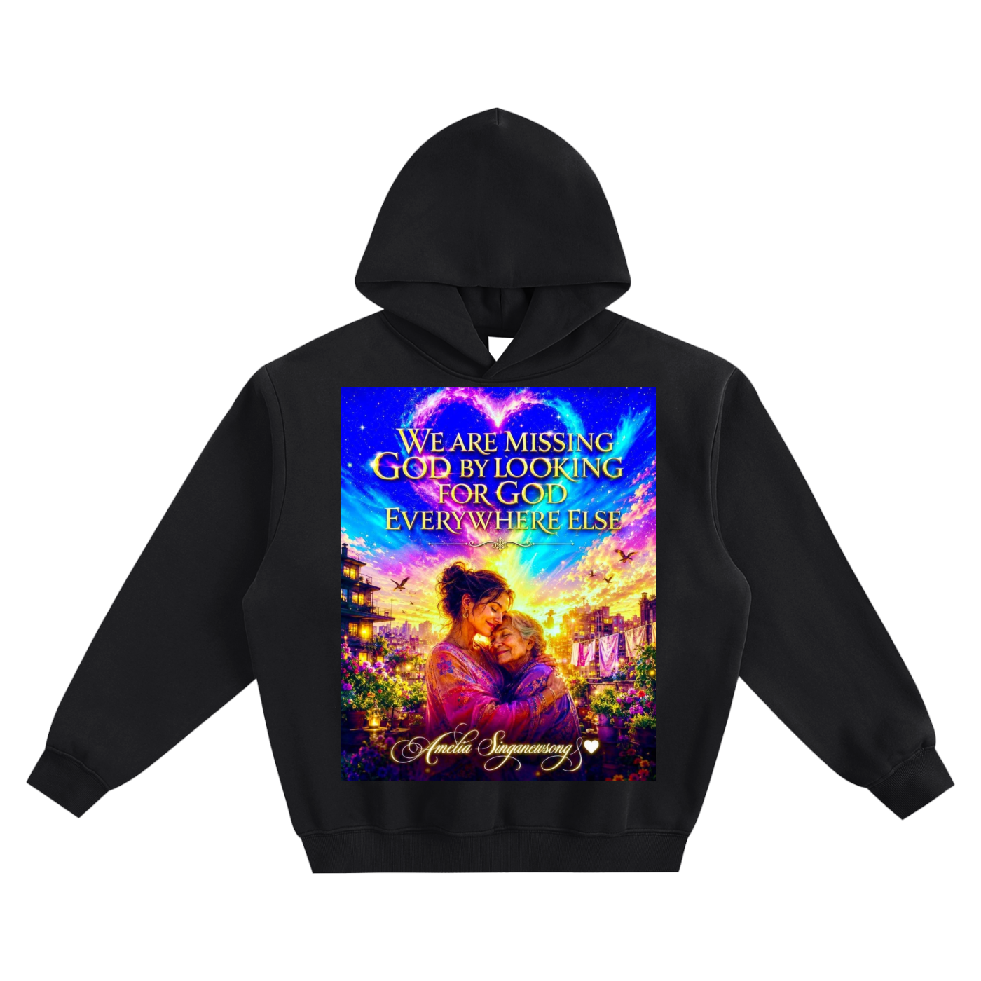 Black hoodie with a colorful graphic and text on a white background