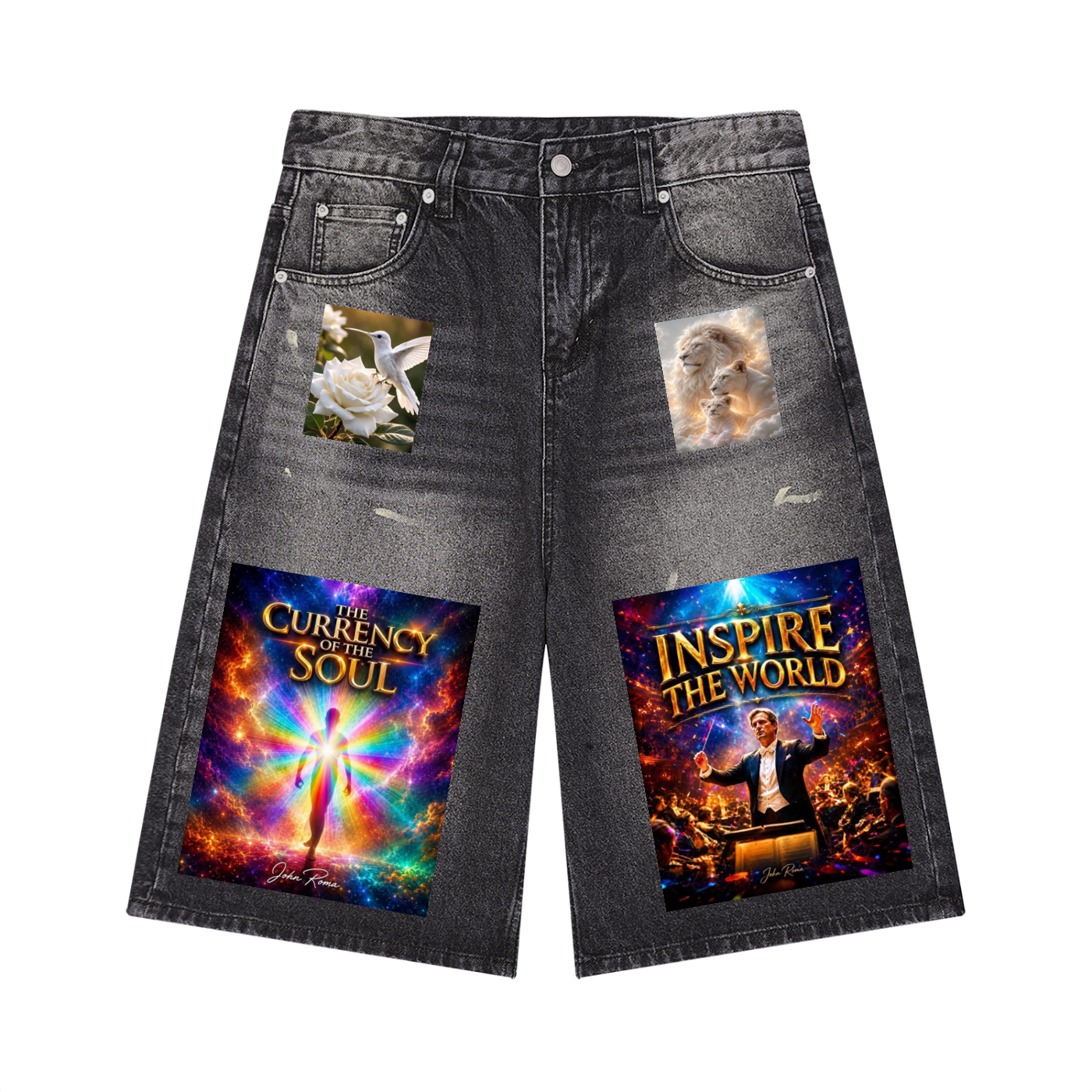 Black washed denim shorts featuring graphic prints: a white rose and dove on the right pocket, a lion on the left pocket, 'Currency of the Soul' on the lower right leg, and 'Inspire the World' on the lower left leg, shown on a plain white background.