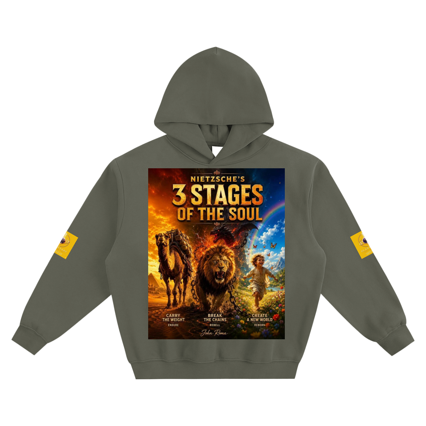 Gray hoodie with '3 Stages of the Soul' graphic design on a white background
