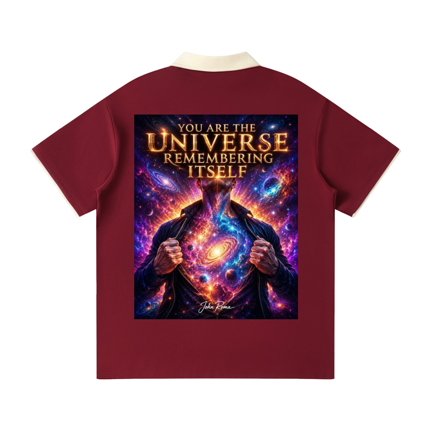 Maroon t-shirt with a cosmic design and text on the back