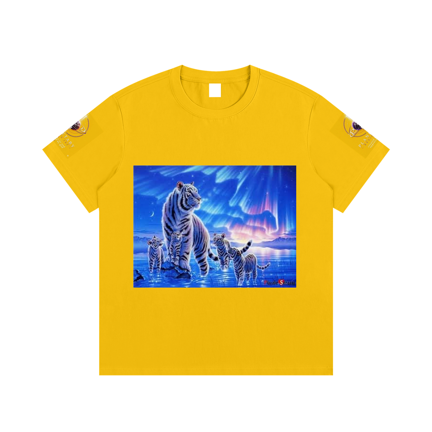Yellow t-shirt with a graphic of three tigers in a scenic setting on a white background