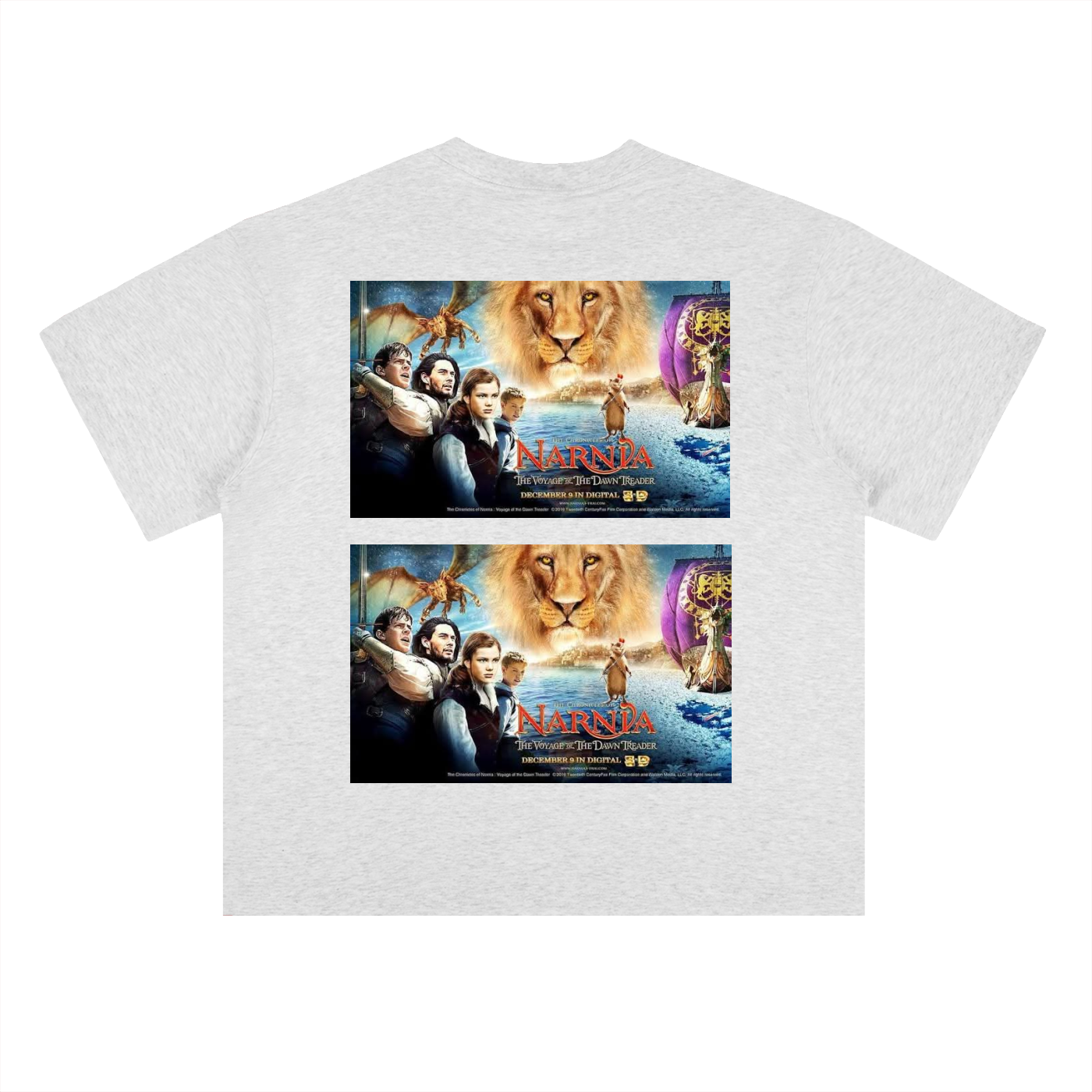 White t-shirt with 'The Chronicles of Narnia' movie poster design on a white background