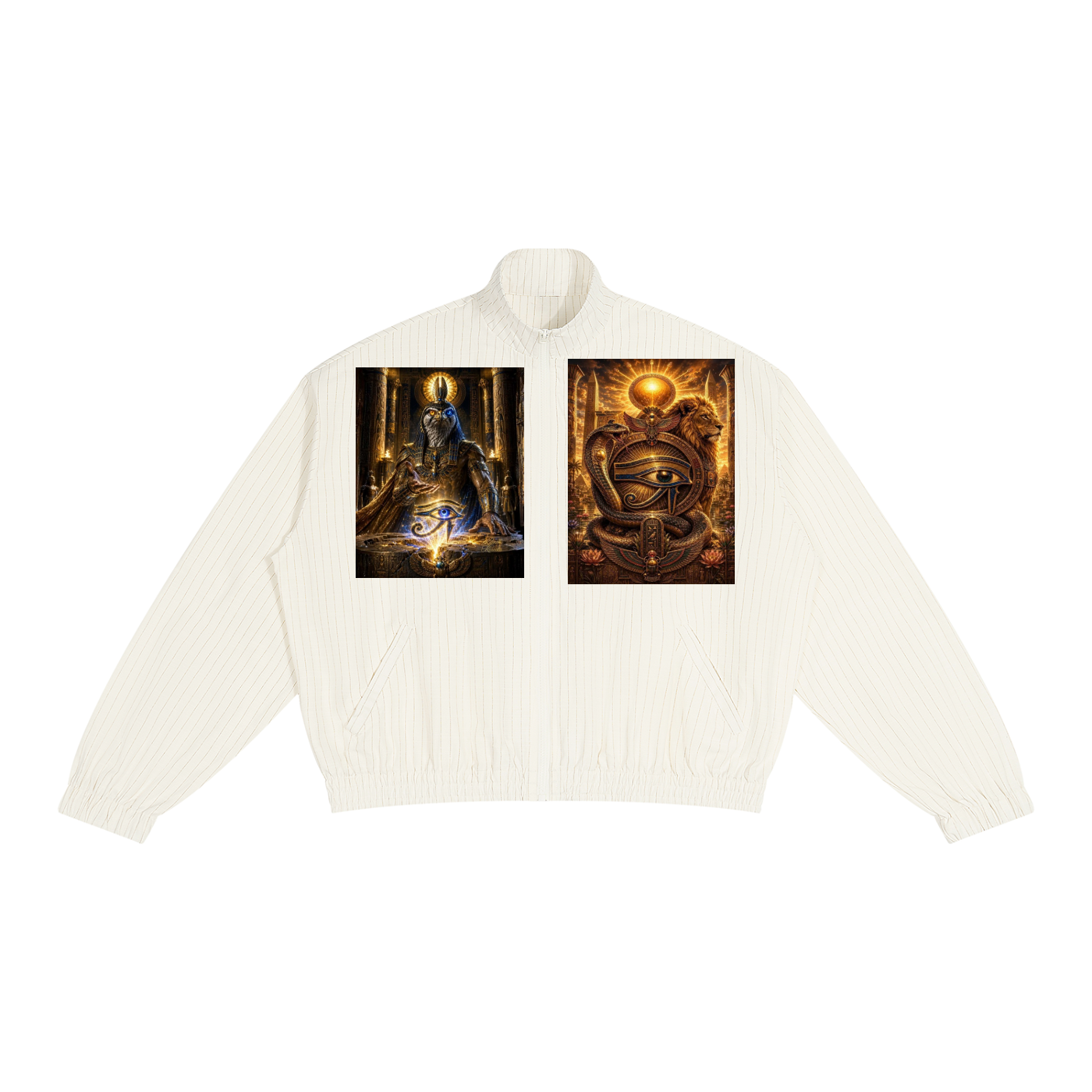 An off-white ribbed mock-neck jacket with two square graphic prints on the chest, displayed flat against a solid white background.