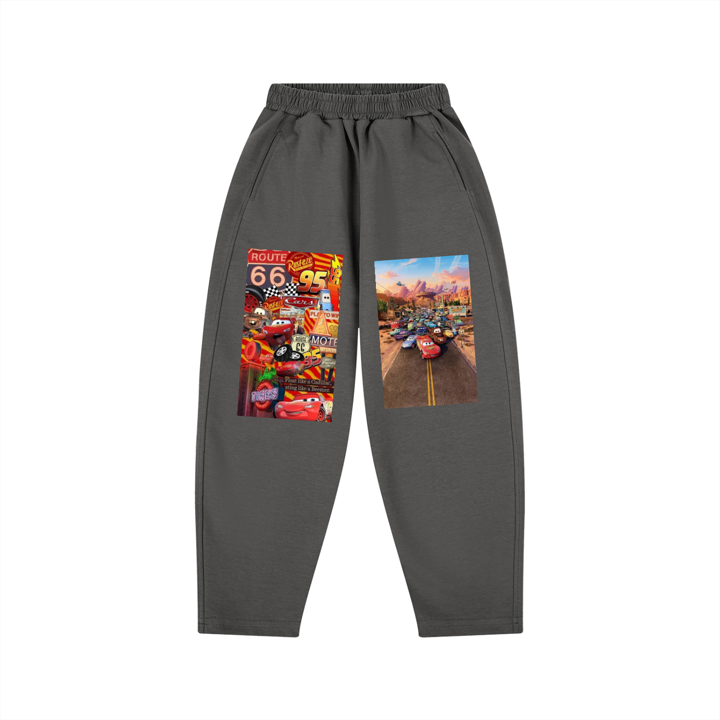 Gray sweatpants with graphic designs on a white background