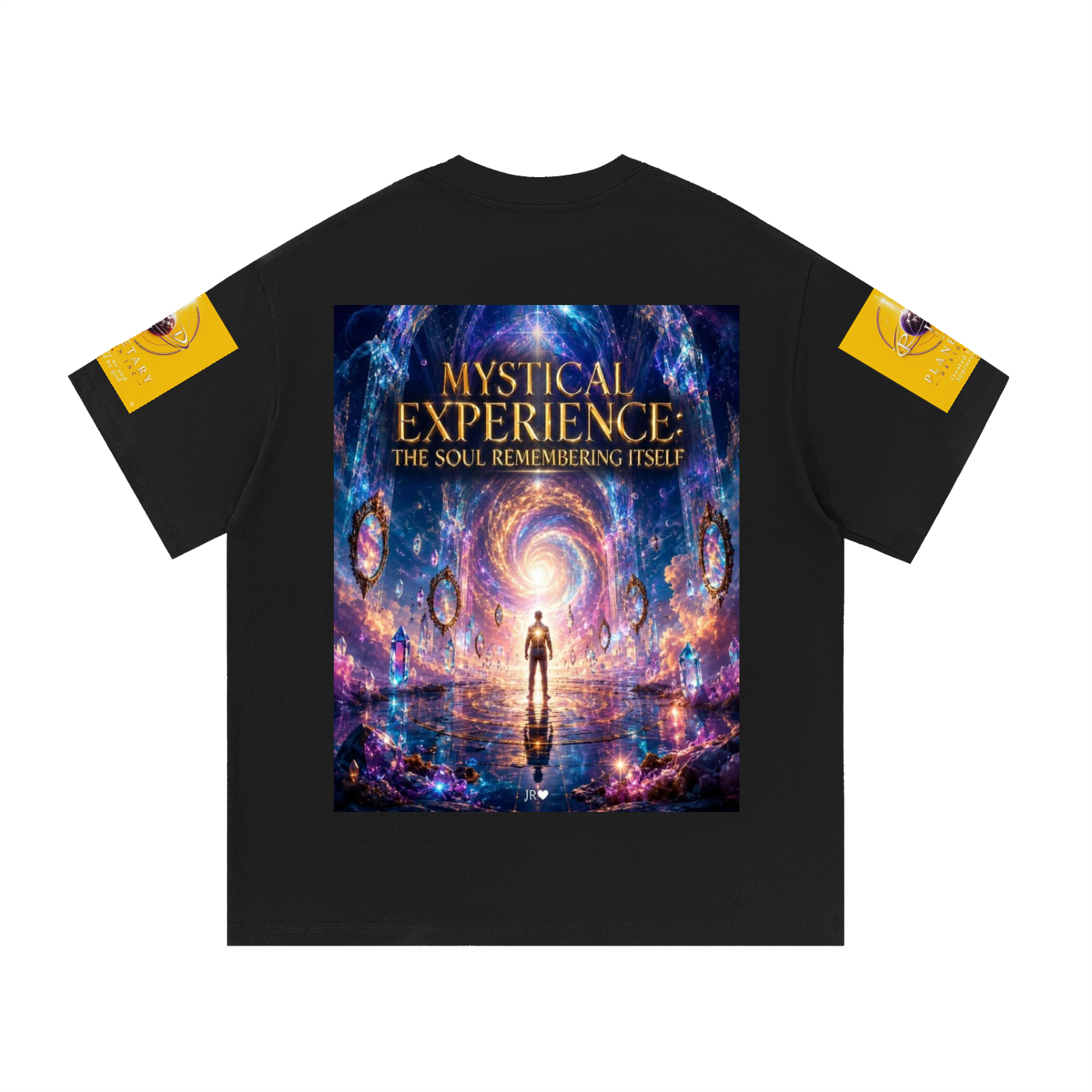 A black short-sleeve t-shirt with a large, colorful cosmic graphic on the front reading 'MYSTICAL EXPERIENCE: THE SOUL REMEMBERING ITSELF'. The sleeves feature yellow patches with circular illustrations.