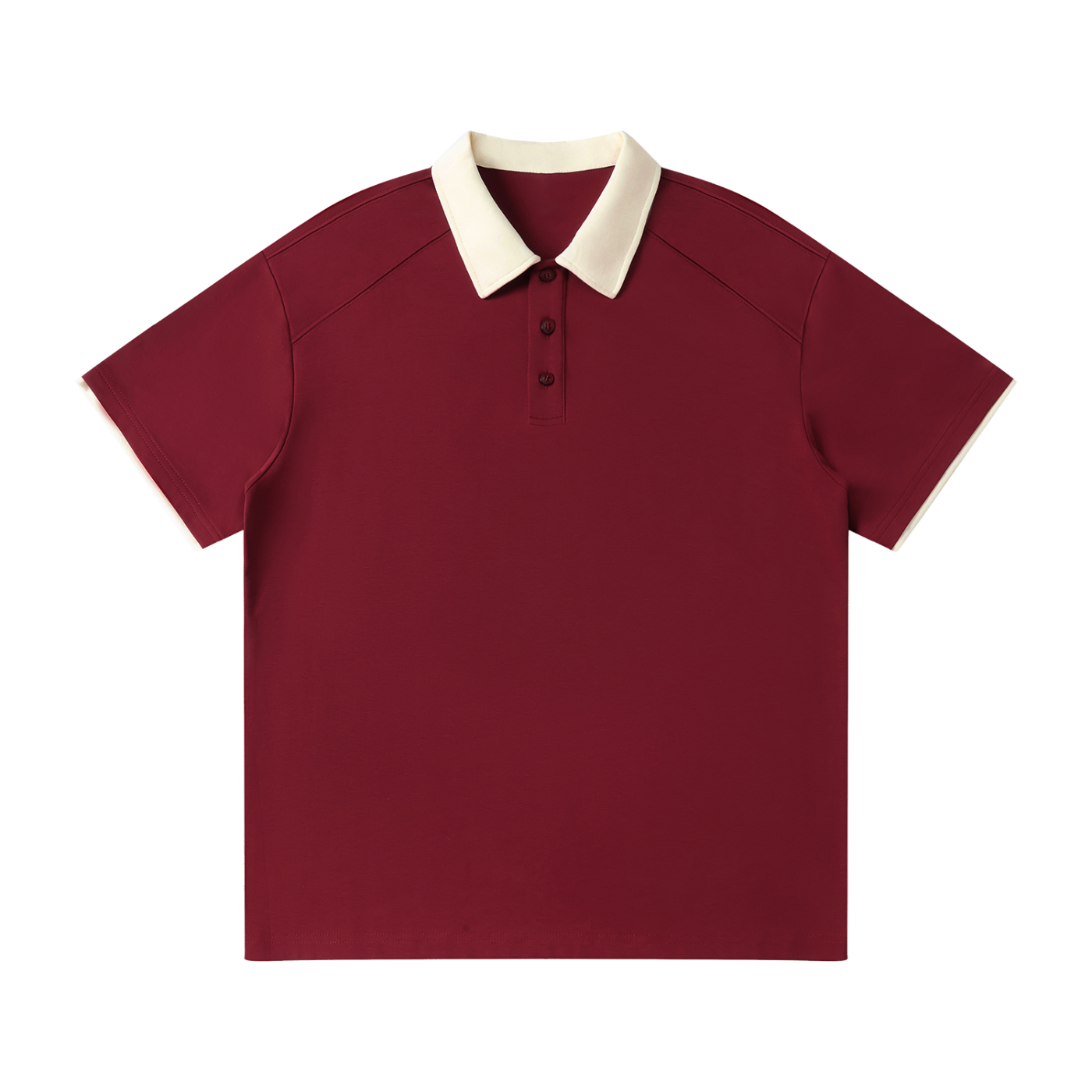 Maroon polo shirt with white collar on a white background