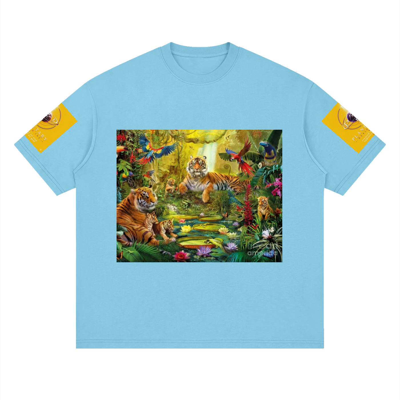 Light blue t-shirt with a jungle scene featuring tigers and parrots on a white background.