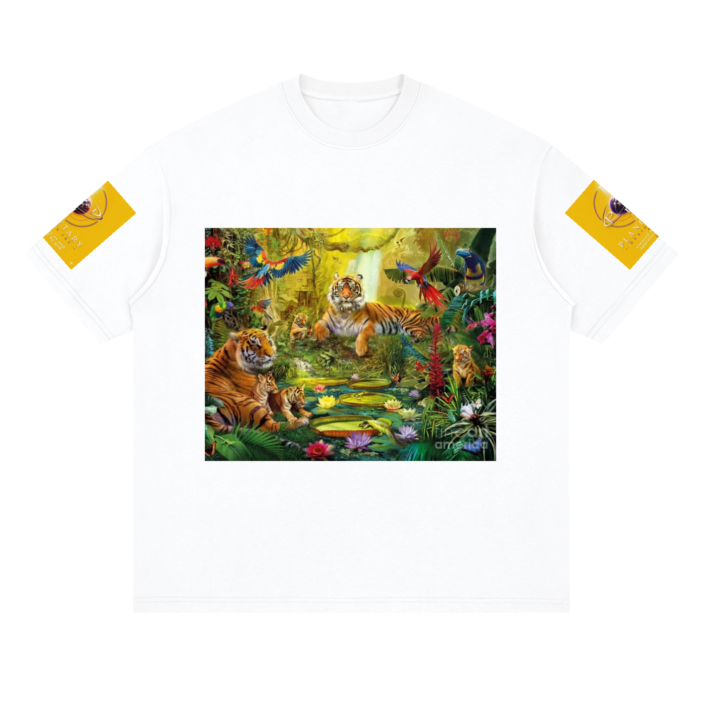 White t-shirt with a jungle scene featuring tigers and parrots on a white background.