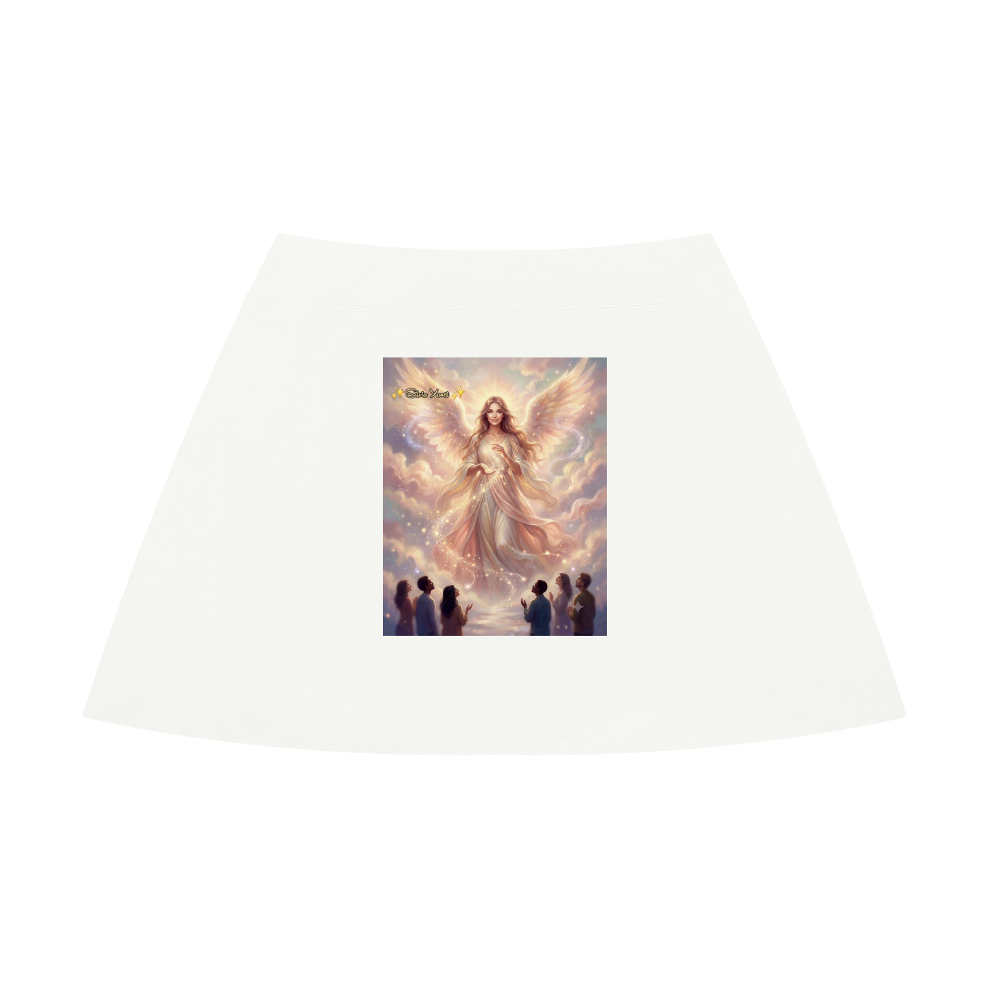 A white A-line skirt with a rectangular graphic print in the center depicting an angel with glowing wings and a halo above several silhouetted figures, set against a plain white background.