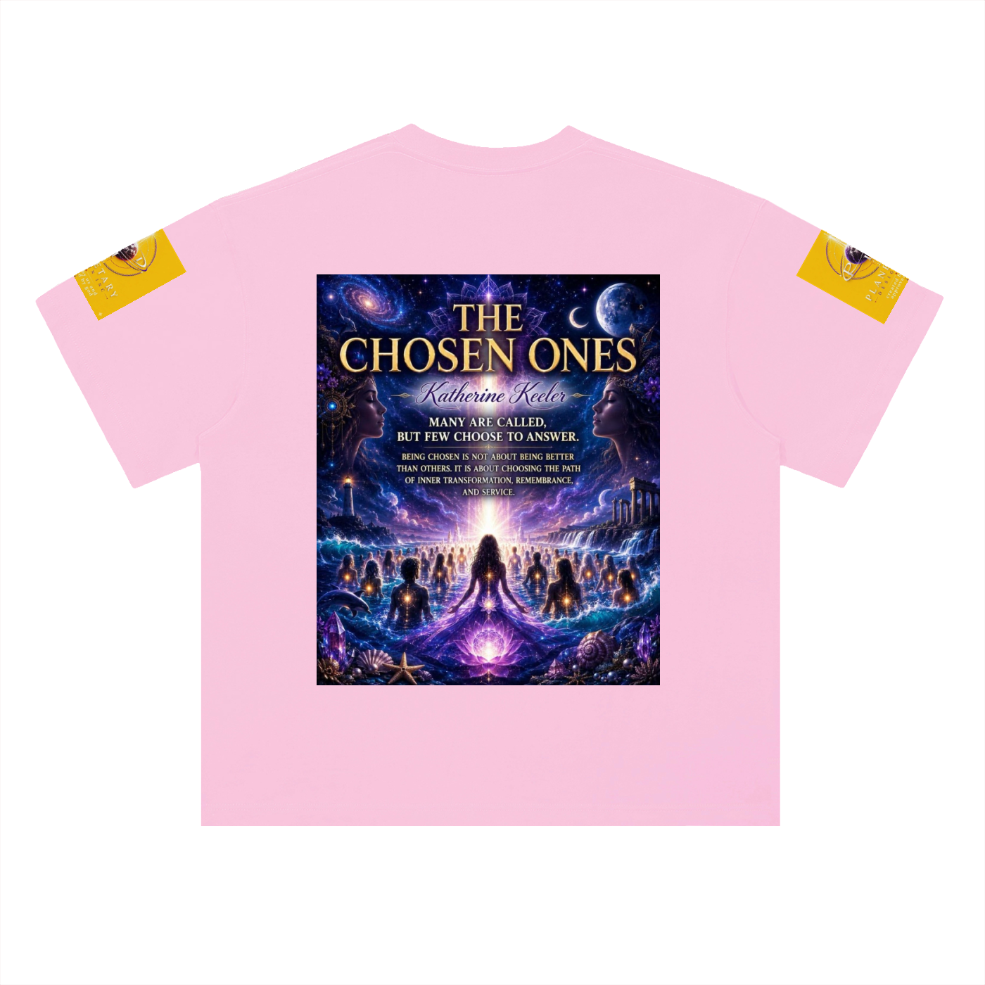 Pink t-shirt with 'The Chosen Ones' book cover design on a white background