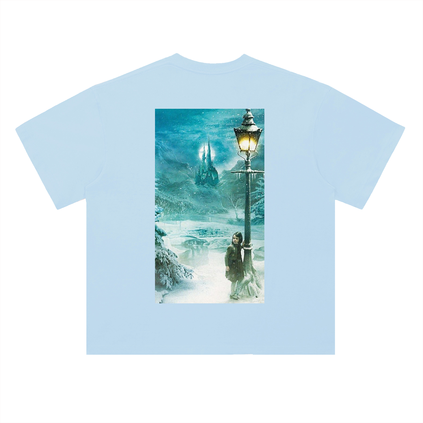 Light blue t-shirt with a graphic of a person by a lamp post in a snowy scene on a white background