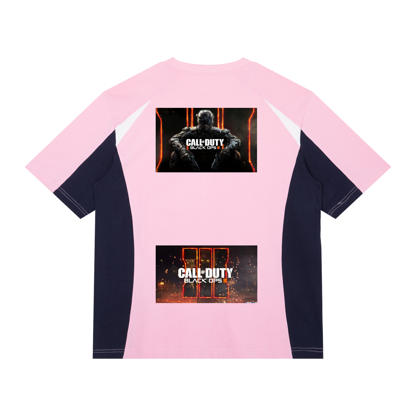 Pink and navy long-sleeve shirt with 'Call of Duty' graphics on a white background