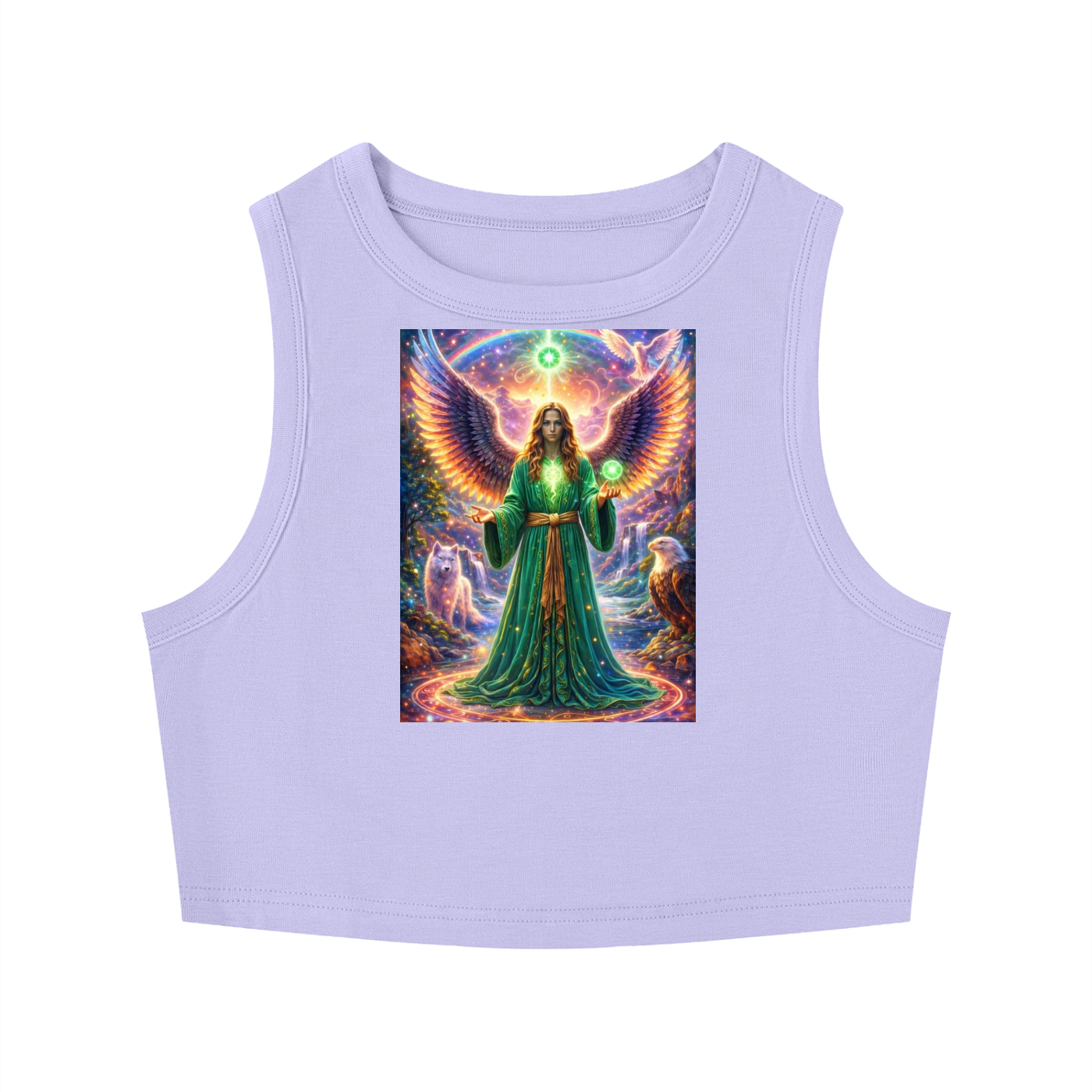 A sleeveless light purple crop top featuring a colorful graphic print of a winged angel in a green robe holding a glowing orb, set against a plain white background.