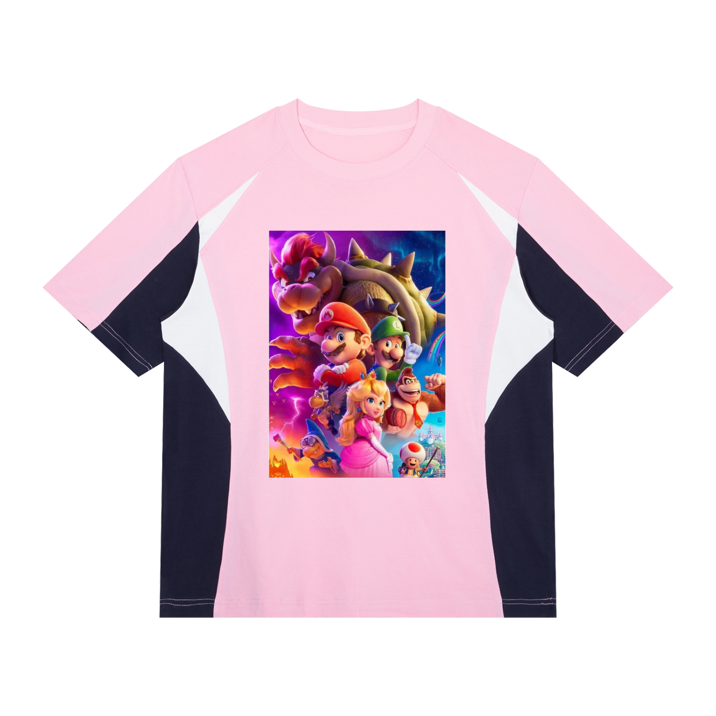 Pink and navy long-sleeve shirt with a colorful cartoon character design on a white background