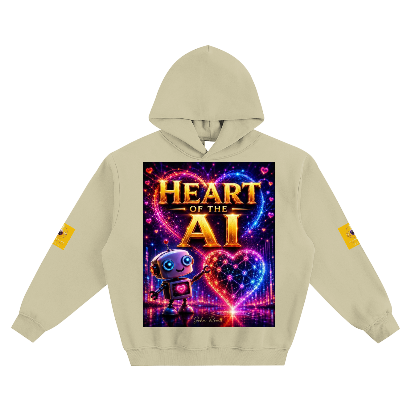 A light beige hoodie with a large, vibrant graphic on the front reading 'HEART OF THE AI' in glowing gold and neon colors, featuring a cute cartoon robot. The hoodie also has small yellow graphic patches on both sleeves, shown against a plain white background.