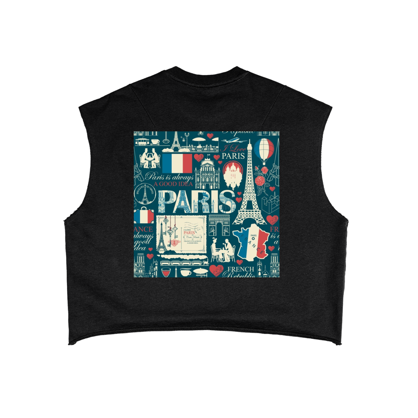 Black sleeveless shirt with Paris-themed design on a white background