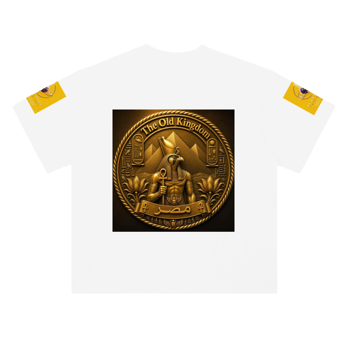 A white short-sleeve t-shirt featuring a large, detailed gold-colored Egyptian-themed circular graphic on the chest with the text 'The Old Kingdom'. The sleeves have small yellow graphic patches.