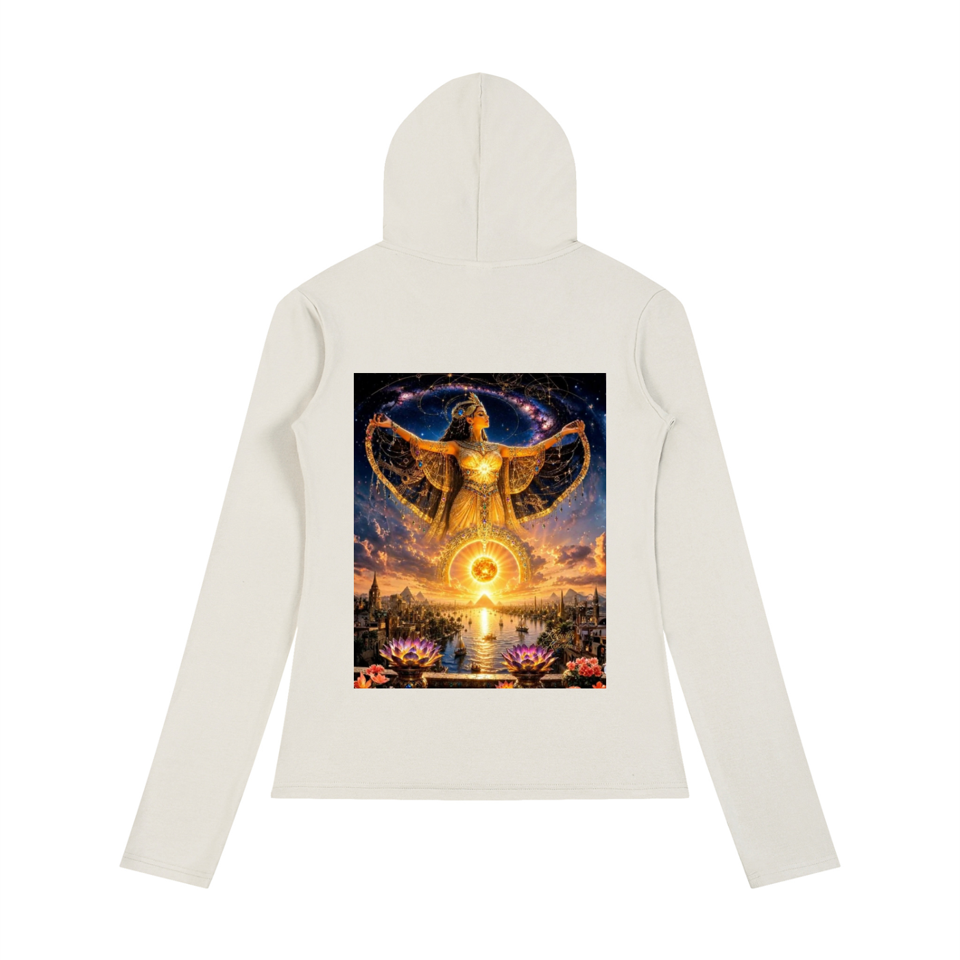A cream-colored long-sleeve hoodie shown from the back, featuring a large, vibrant fantasy graphic print of a golden angel with wings on a white background.