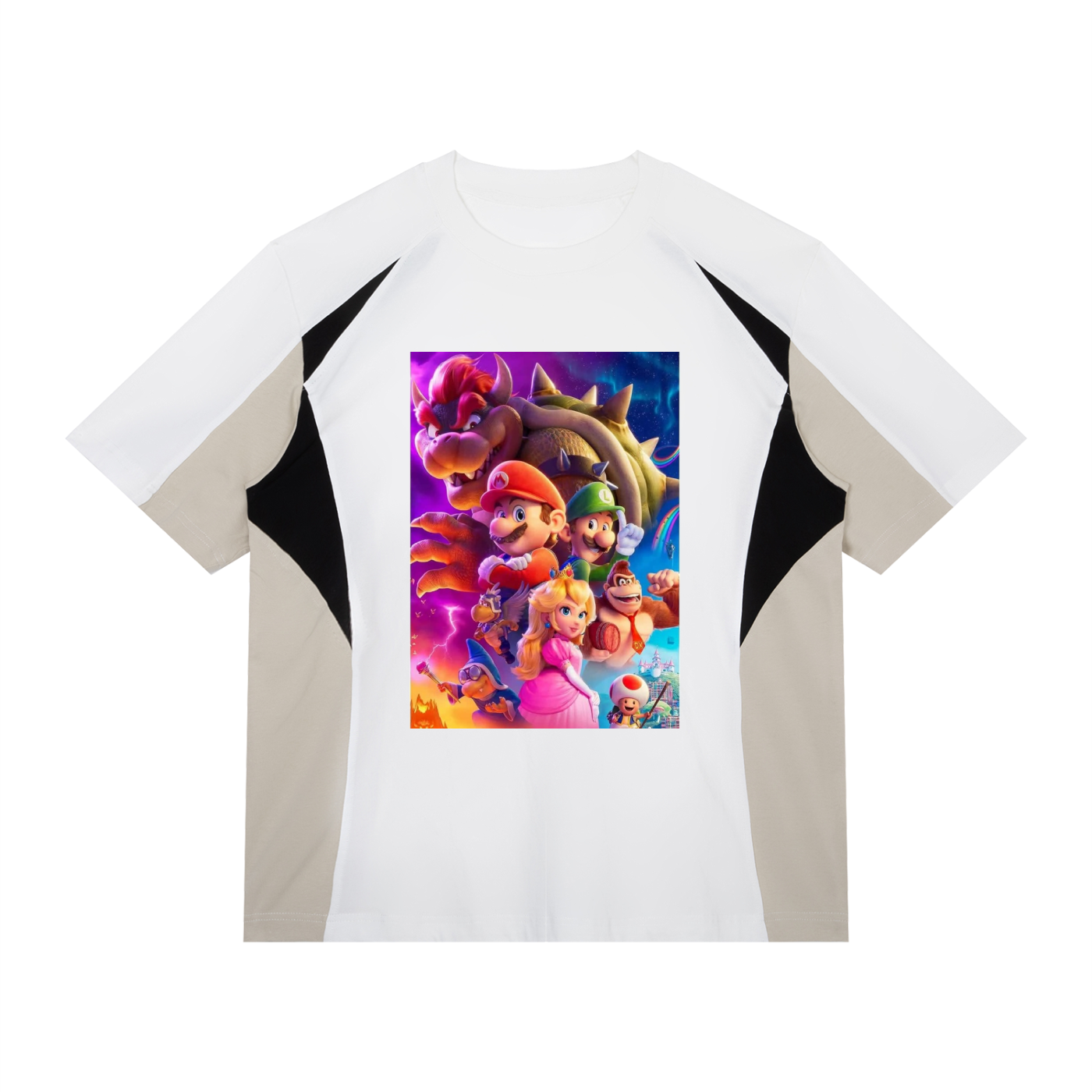 White t-shirt with colorful graphic of animated characters on a white background